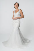 Embroidered Bodice V-Neck Mermaid w/ Mesh Tail Long Wedding Dress GLGL2815