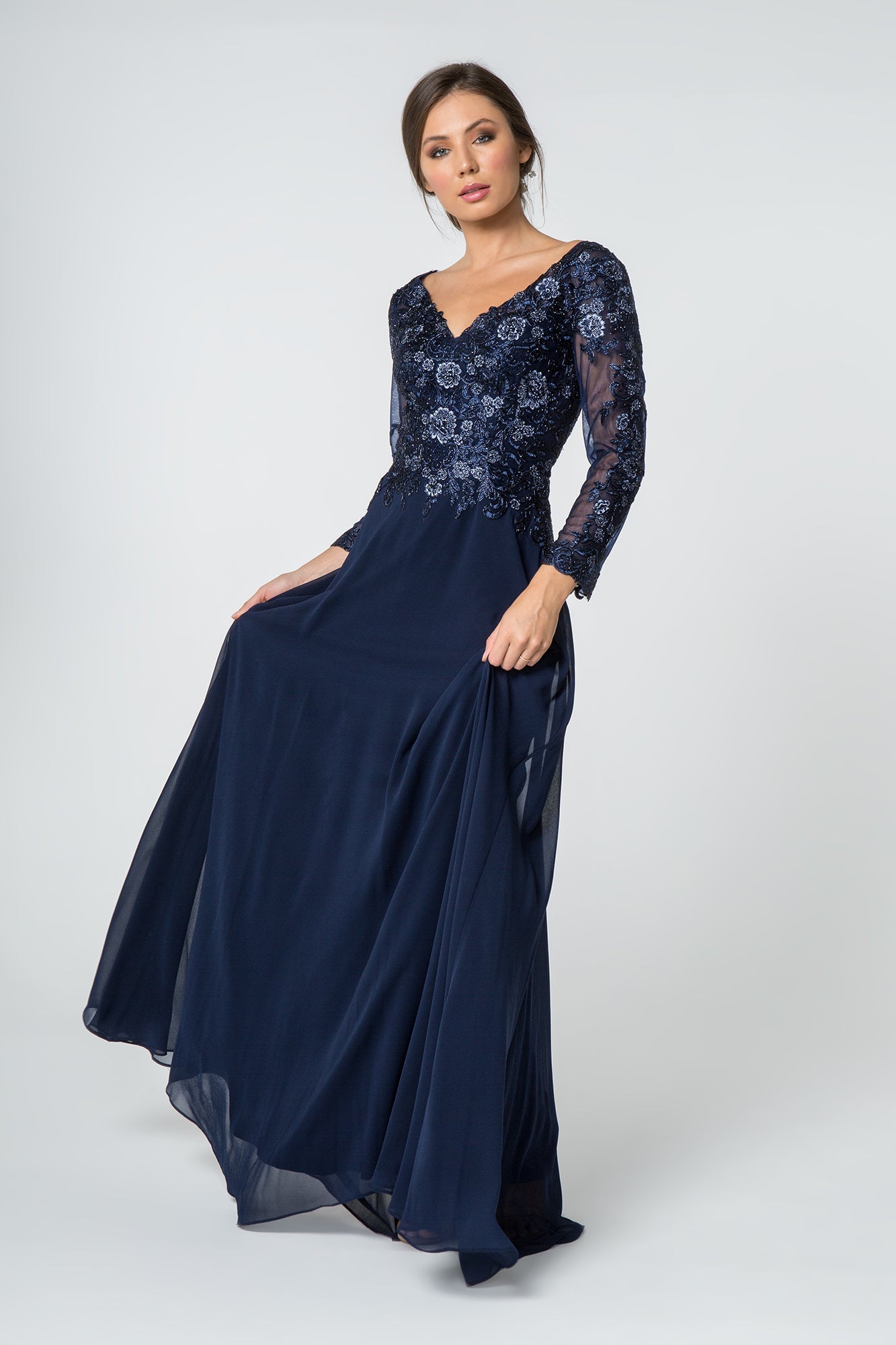 Lace Embellished V-Neck Chiffon w/ Mesh Sleeve Long Mother Of The Bride Dress GLGL2825