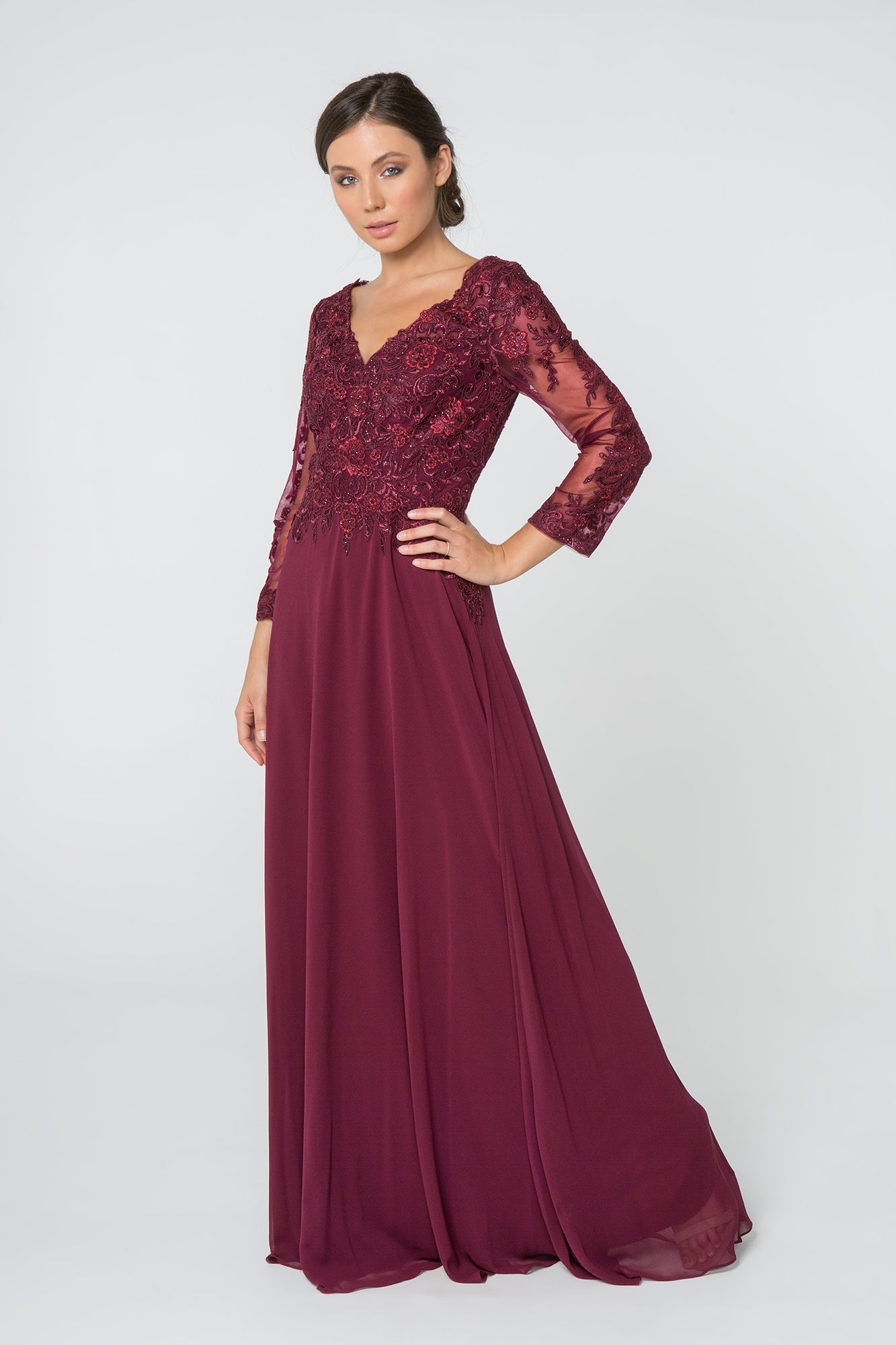 Lace Embellished V-Neck Chiffon w/ Mesh Sleeve Long Mother Of The Bride Dress GLGL2825