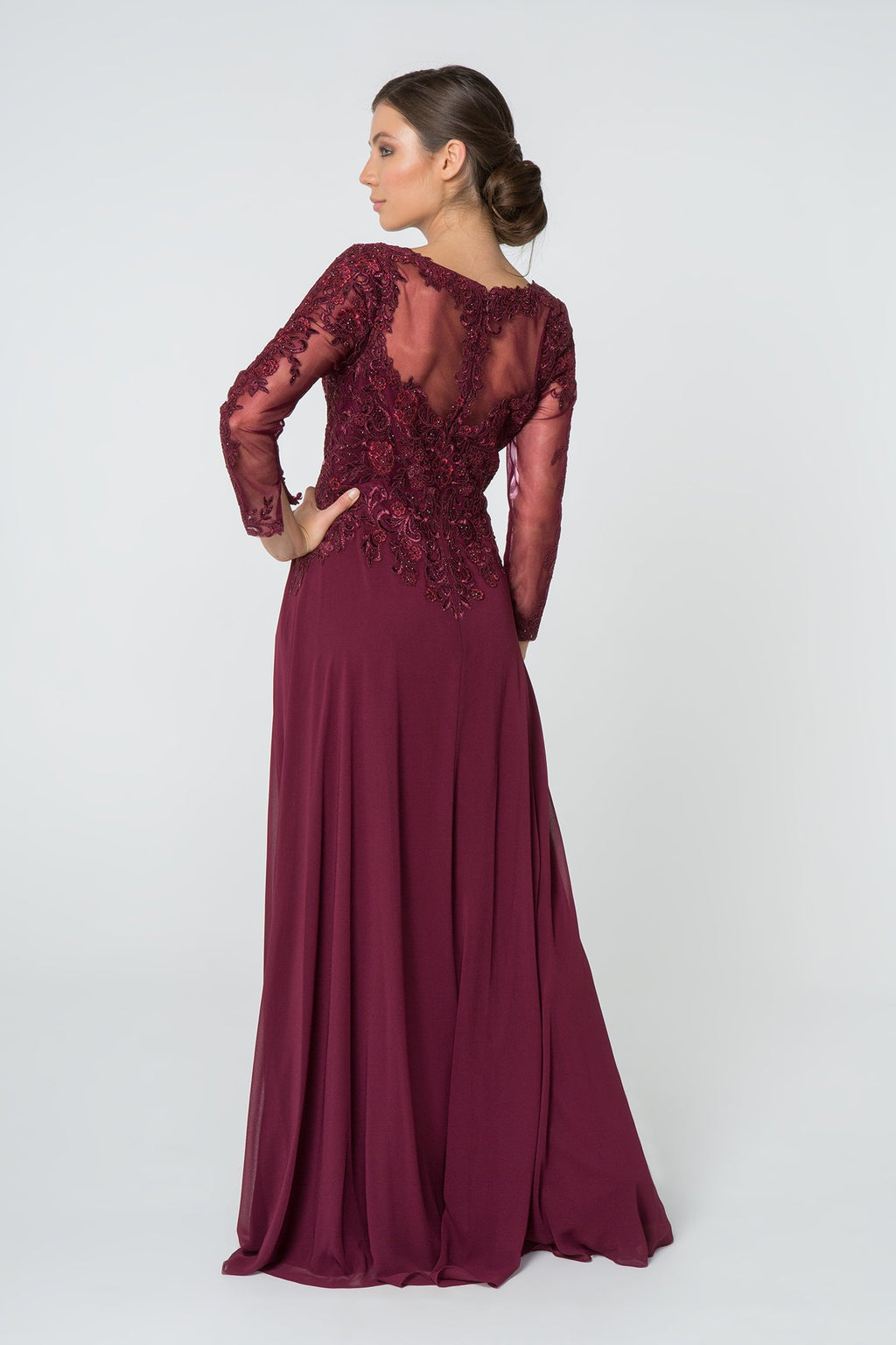 Lace Embellished V-Neck Chiffon w/ Mesh Sleeve Long Mother Of The Bride Dress GLGL2825