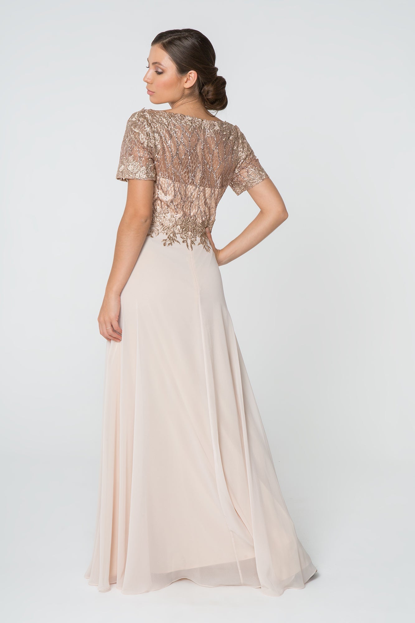 Lace Embellished Illusion V-Neck Long Mother Of The Bride Dress GLGL2826