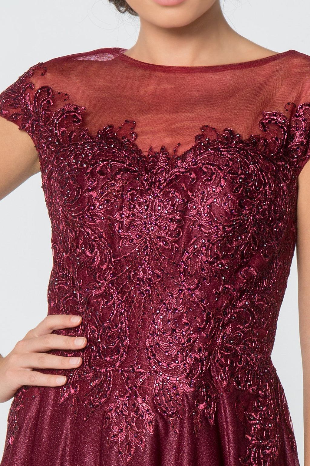 Jewel and Lace Embellished Cap Sleeve Long Mother Of The Bride Dress GLGL2828