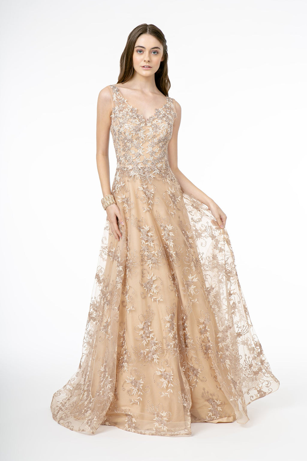 Embroidery Embellished V-Neck Tulle A-Line Long Prom Dress GLGL2884