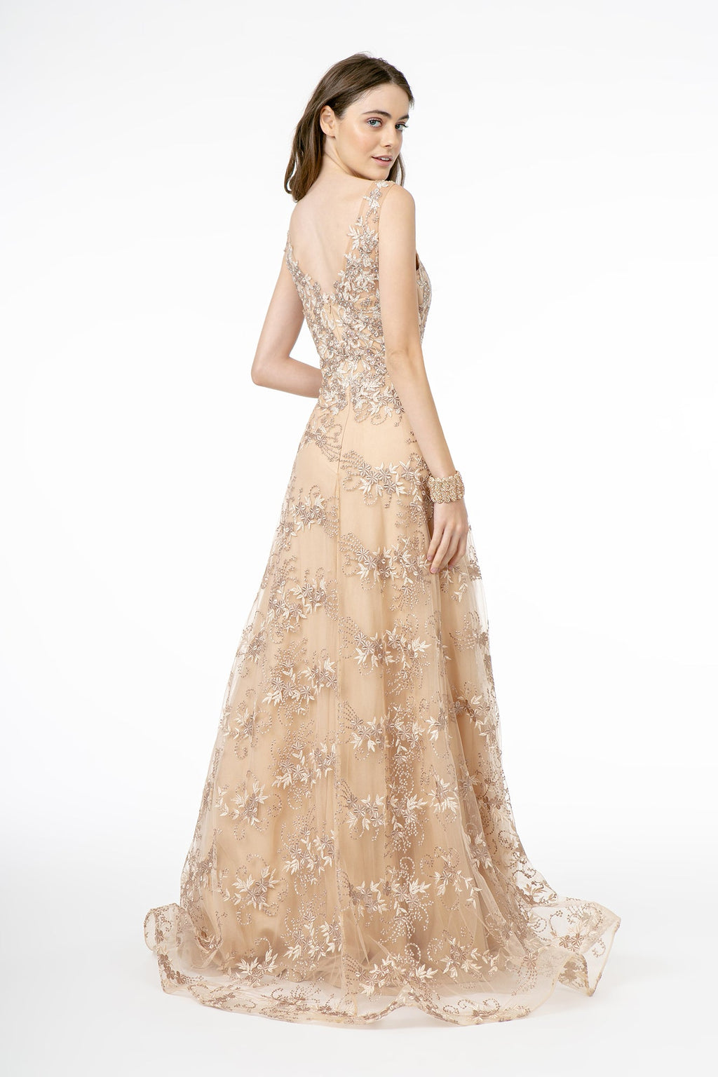 Embroidery Embellished V-Neck Tulle A-Line Long Prom Dress GLGL2884