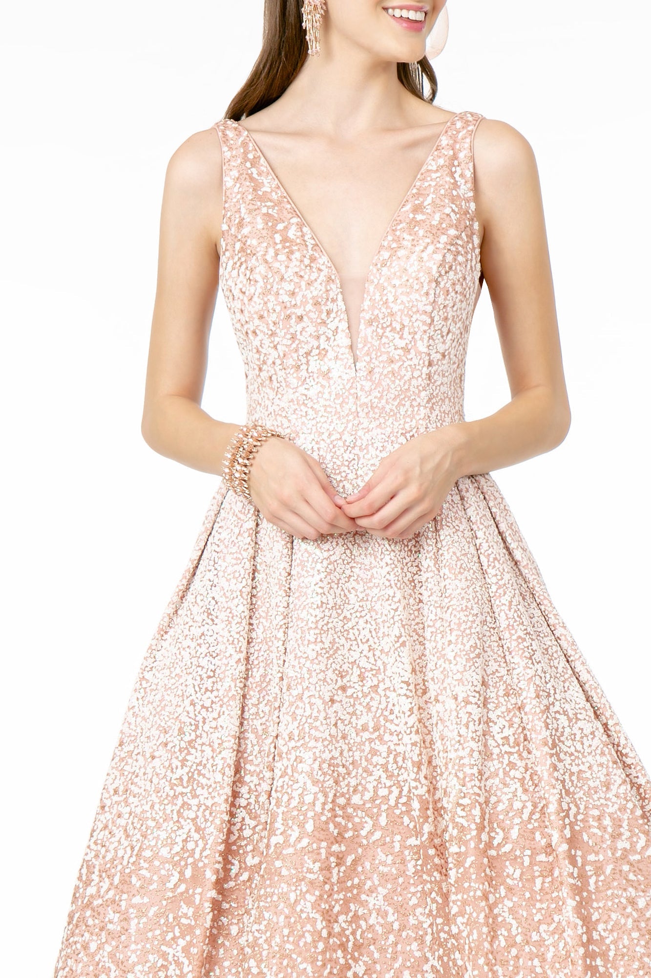 Illusion Deep V-Neck Glitter Tulle A-Line Long Prom Dress GLGL2908