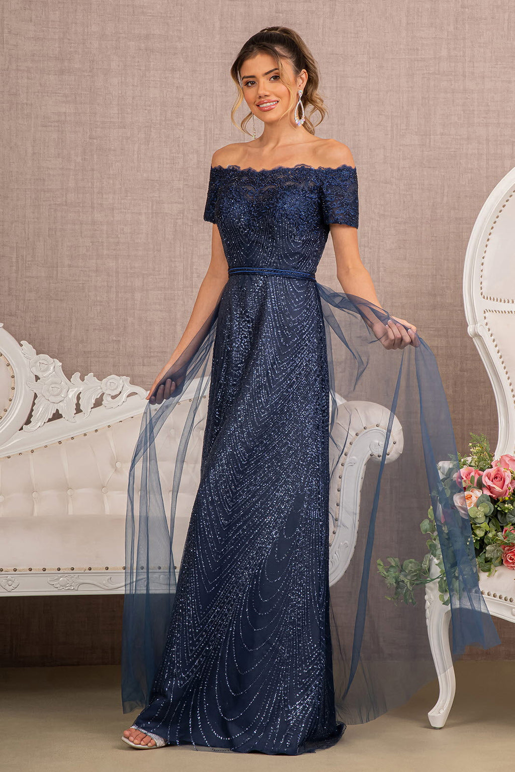 Glitter Print Mesh Cut-Away Shoulder A-Line Long Mother Of The Bride Dress GLGL2942