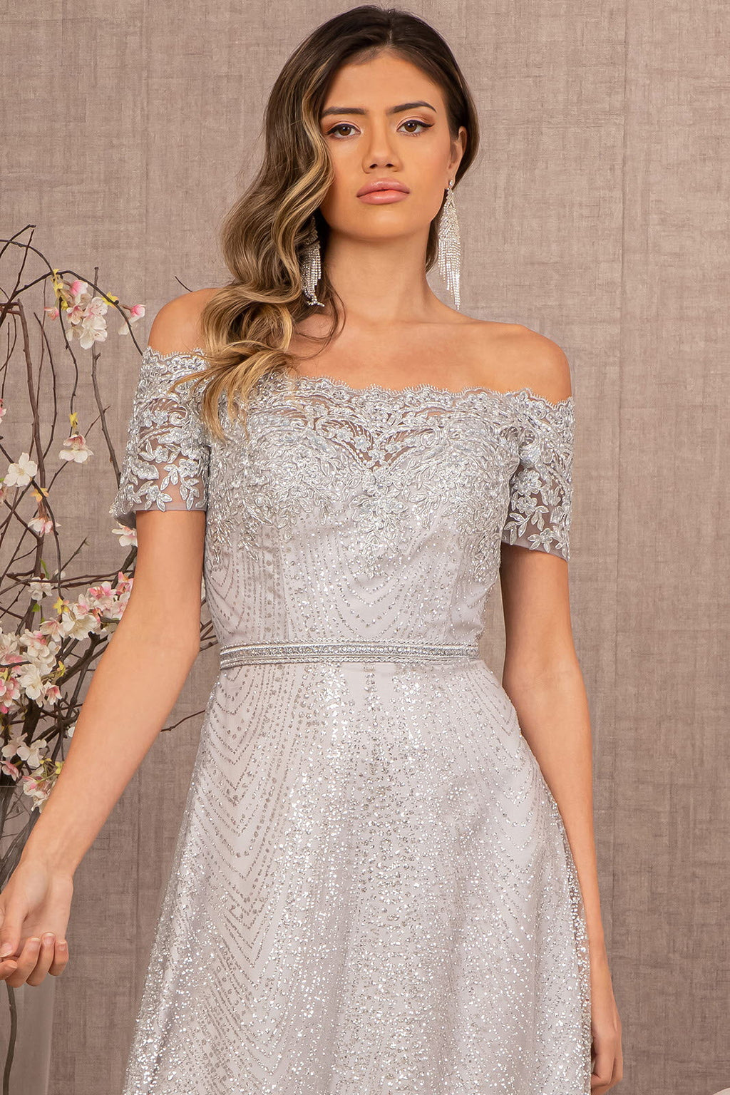 Glitter Print Mesh Cut-Away Shoulder A-Line Long Mother Of The Bride Dress GLGL2942