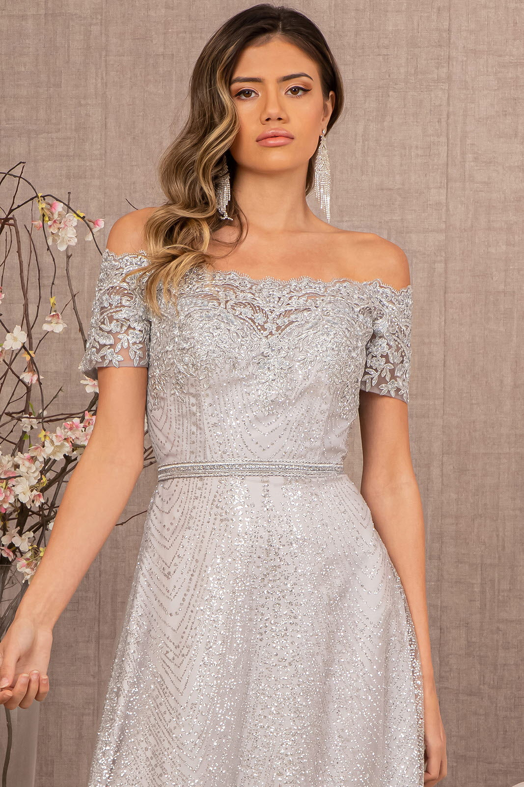 Glitter Print Mesh Cut-Away Shoulder A-Line Long Mother Of The Bride Dress GLGL2942