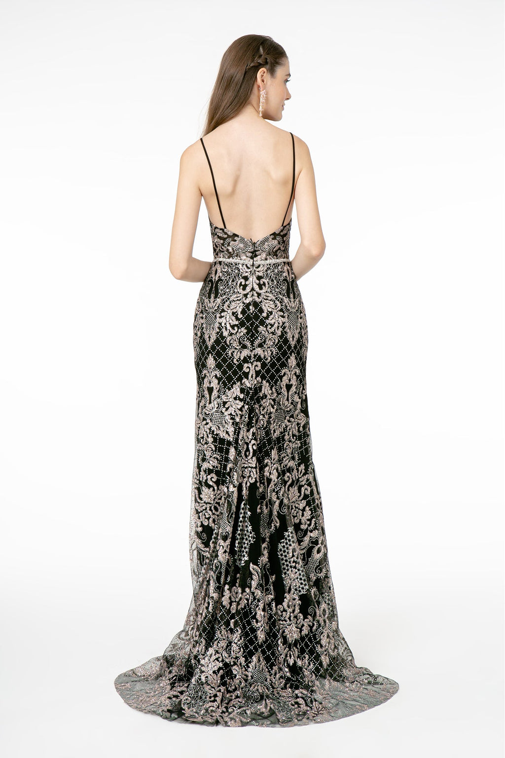 Jeweled Waist Band Accented Glitter Mesh Long Prom Dress GLGL2990