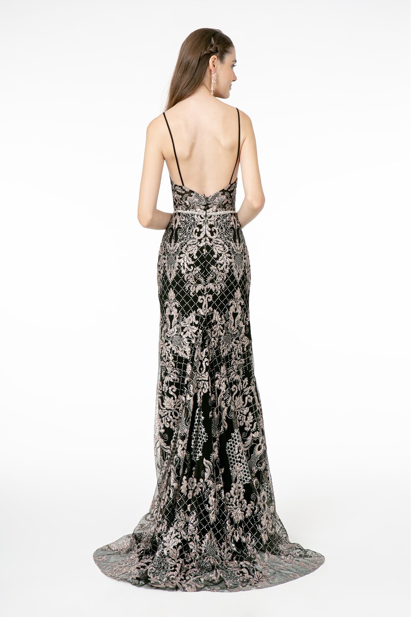 Jeweled Waist Band Accented Glitter Mesh Long Prom Dress GLGL2990