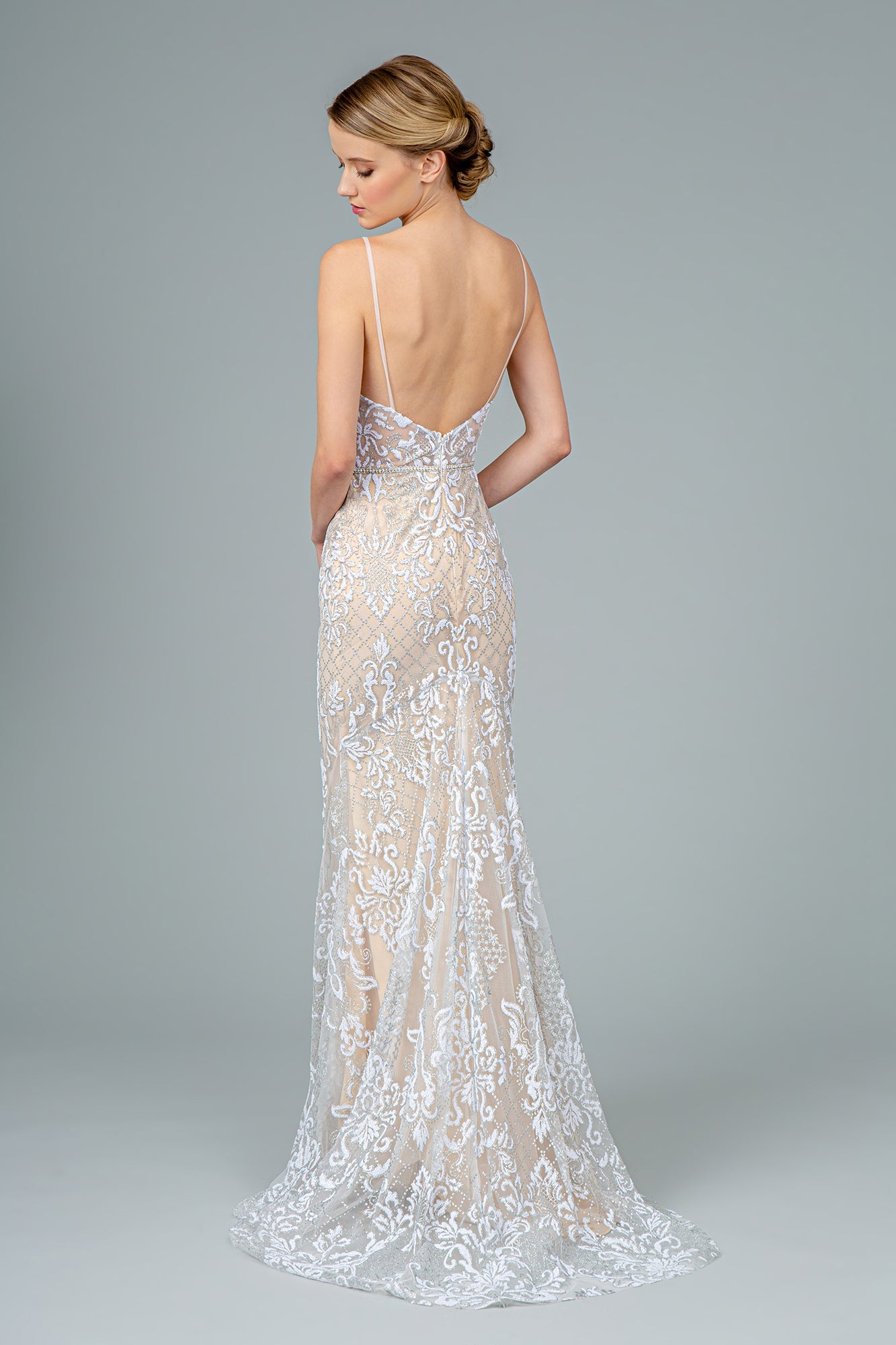 Jeweled Waist Band Accented Glitter Mesh Long Prom Dress GLGL2990