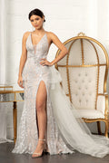 Jewel Embellished Mesh Mermaid w/ Side Slit and Detached Mesh Layer Long Prom Dress GLGL3003
