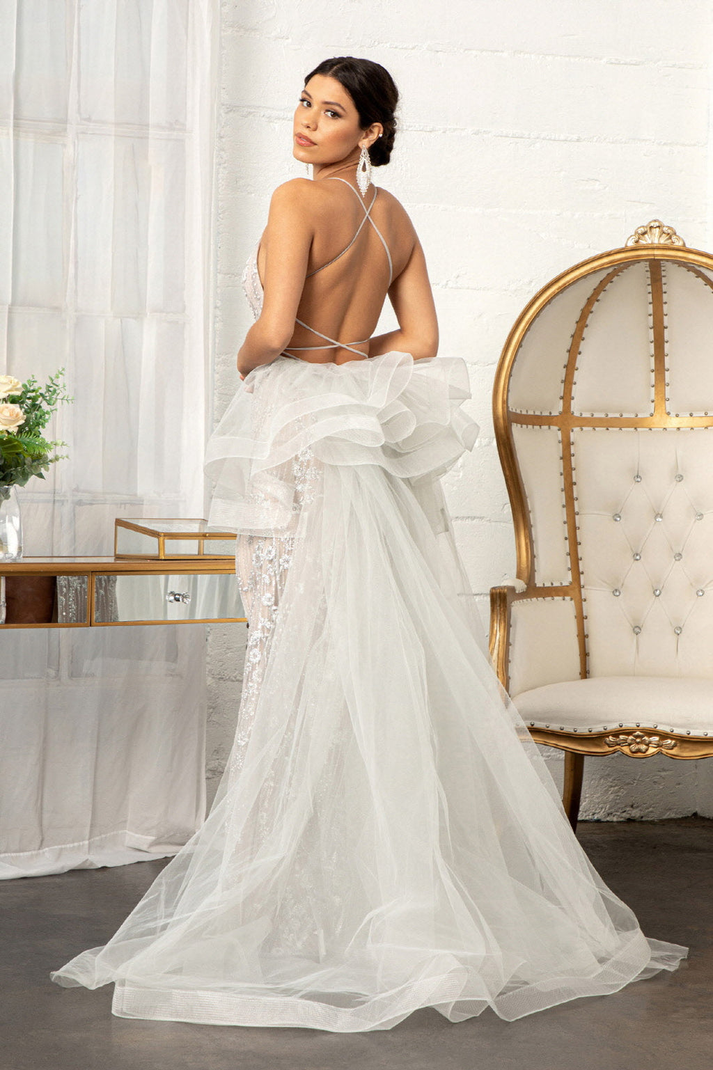 Jewel Embellished Mesh Mermaid w/ Side Slit and Detached Mesh Layer Long Prom Dress GLGL3003