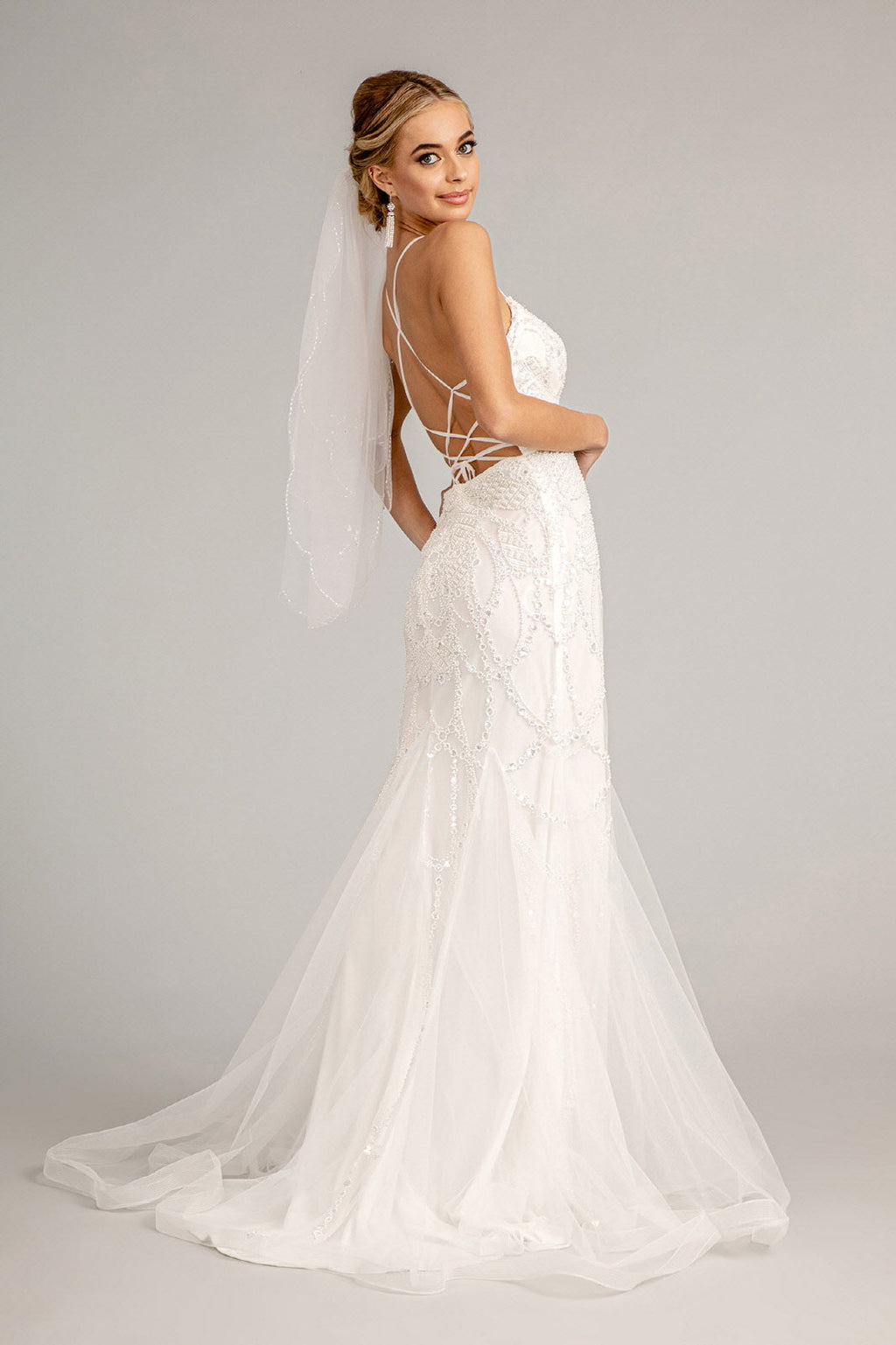 Sweetheart Embroidered Mermaid w/ Open Back Laced Up Long Wedding Dress GLGL3009