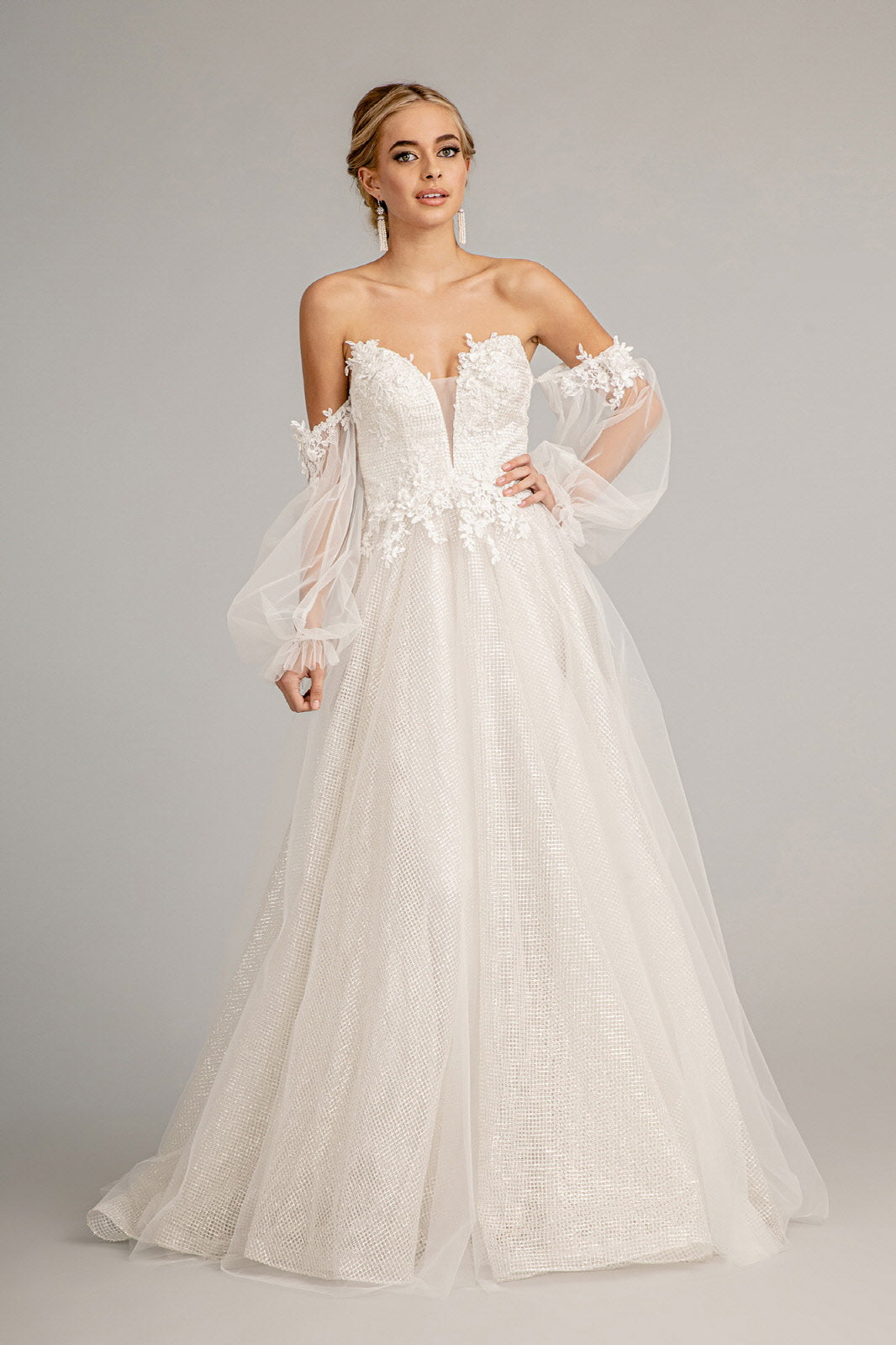 3D Flower Embellished Glitter Netting A-line w/ Detached Long Sleeves Long Prom Dress GLGL3015