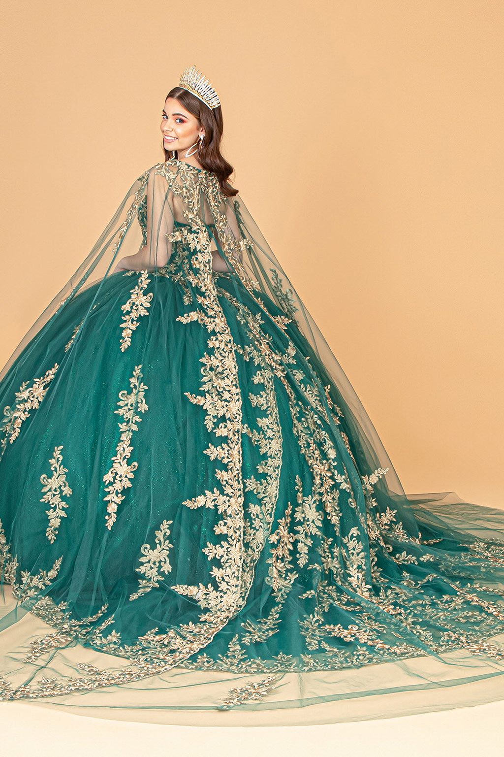 Jewel Embellished Tulle w/ Embroidered Mesh Cape Quinceanera Ball Dress GLGL3016