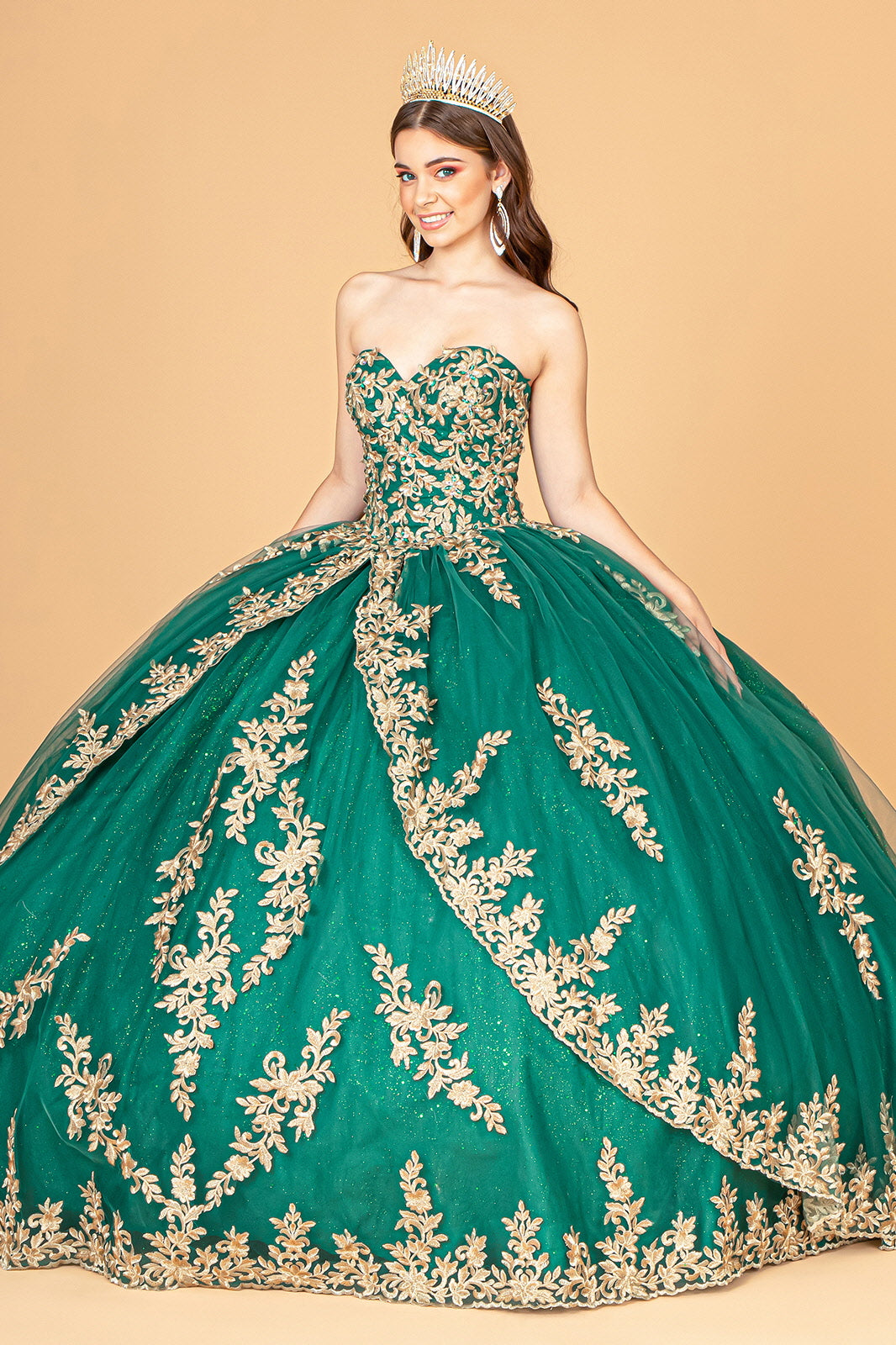Jewel Embellished Tulle w/ Embroidered Mesh Cape Quinceanera Ball Dress GLGL3016
