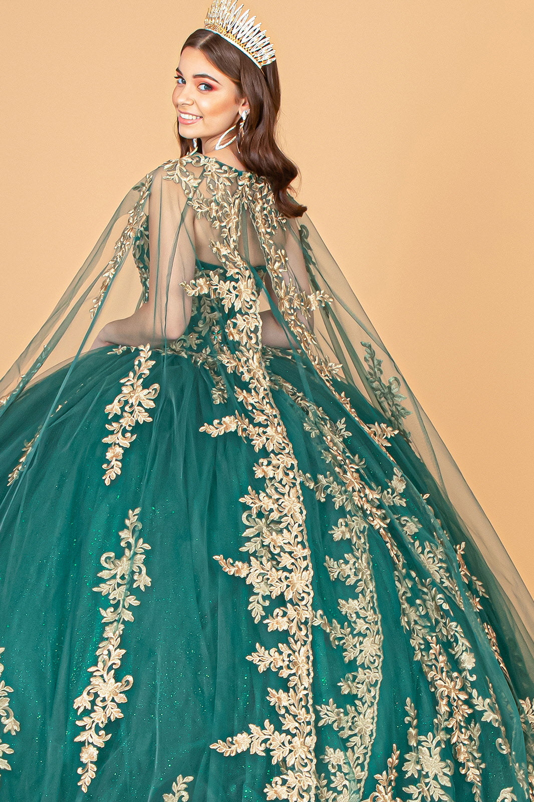 Jewel Embellished Tulle w/ Embroidered Mesh Cape Quinceanera Ball Dress GLGL3016