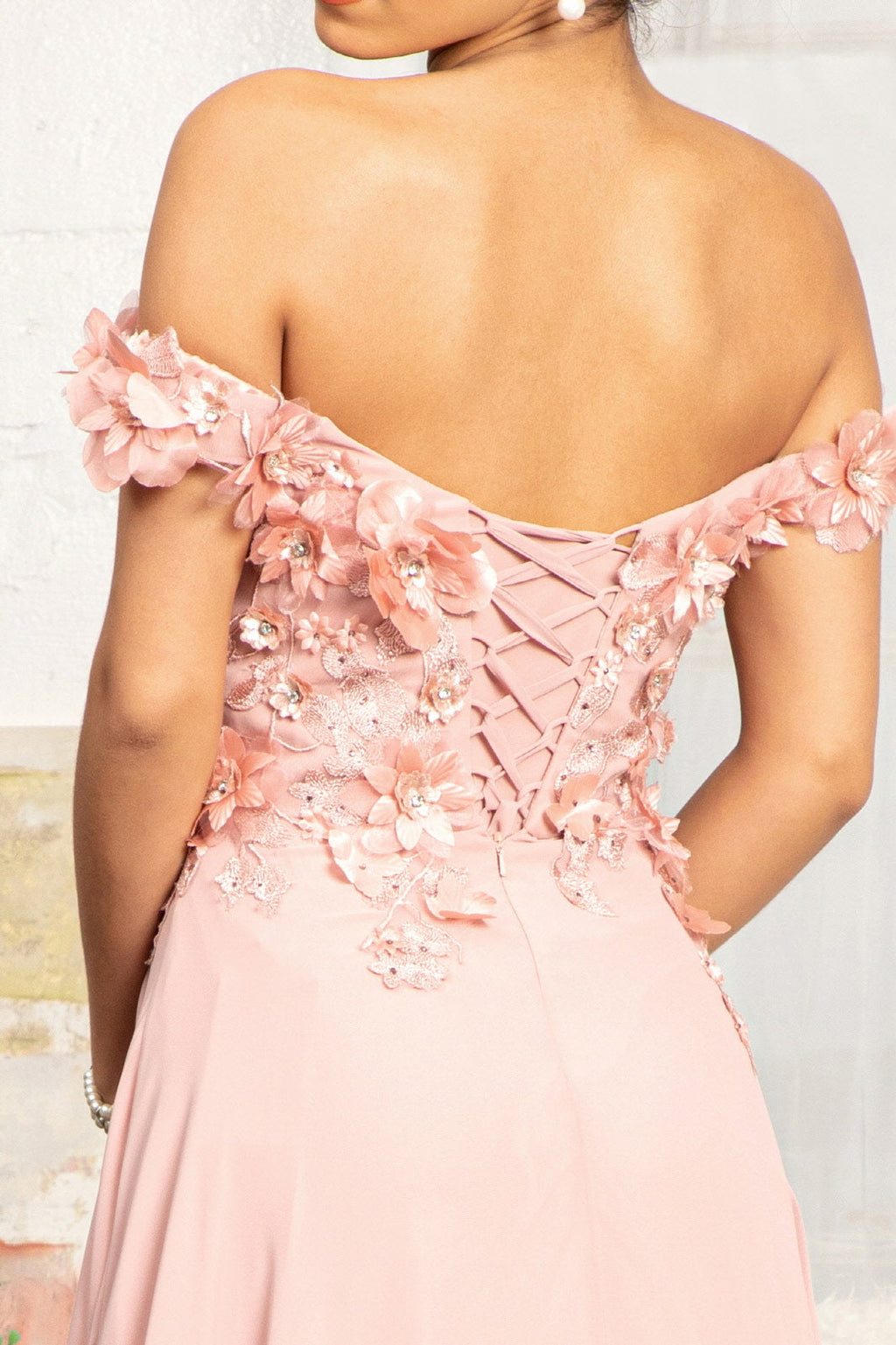 Floral 3D Applique and Embroidery Embellished Bodice A-Line Chiffon Long Prom Dress GLGL3018