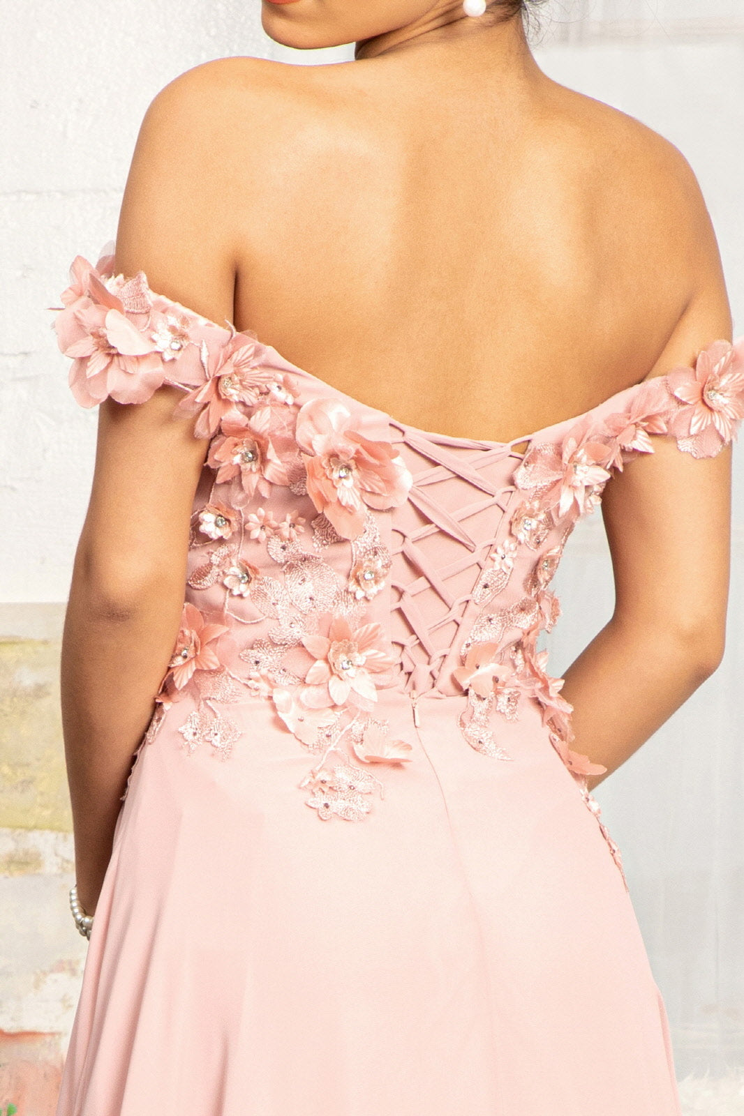 Floral 3D Applique and Embroidery Embellished Bodice A-Line Chiffon Long Prom Dress GLGL3018