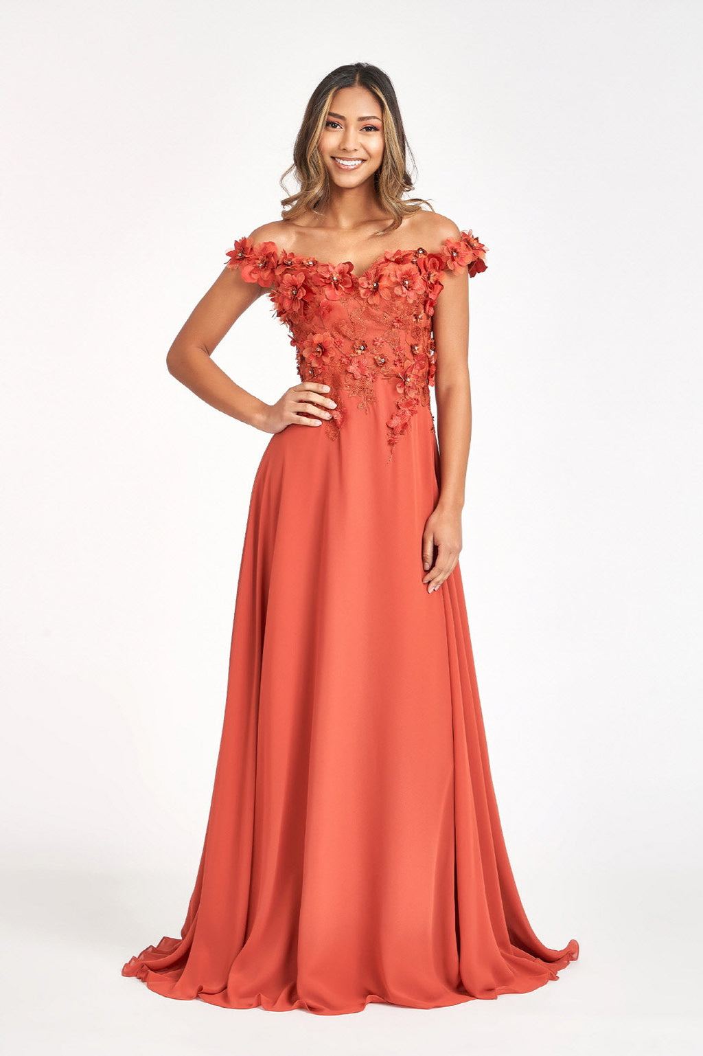 Floral 3D Applique and Embroidery Embellished Bodice A-Line Chiffon Long Prom Dress GLGL3018