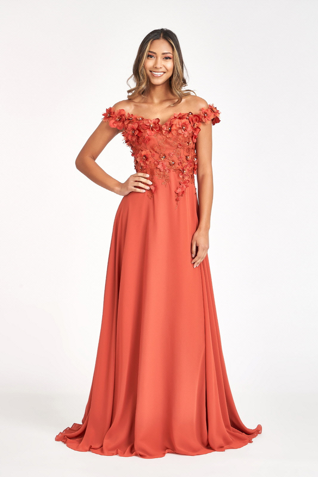 Floral 3D Applique and Embroidery Embellished Bodice A-Line Chiffon Long Prom Dress GLGL3018