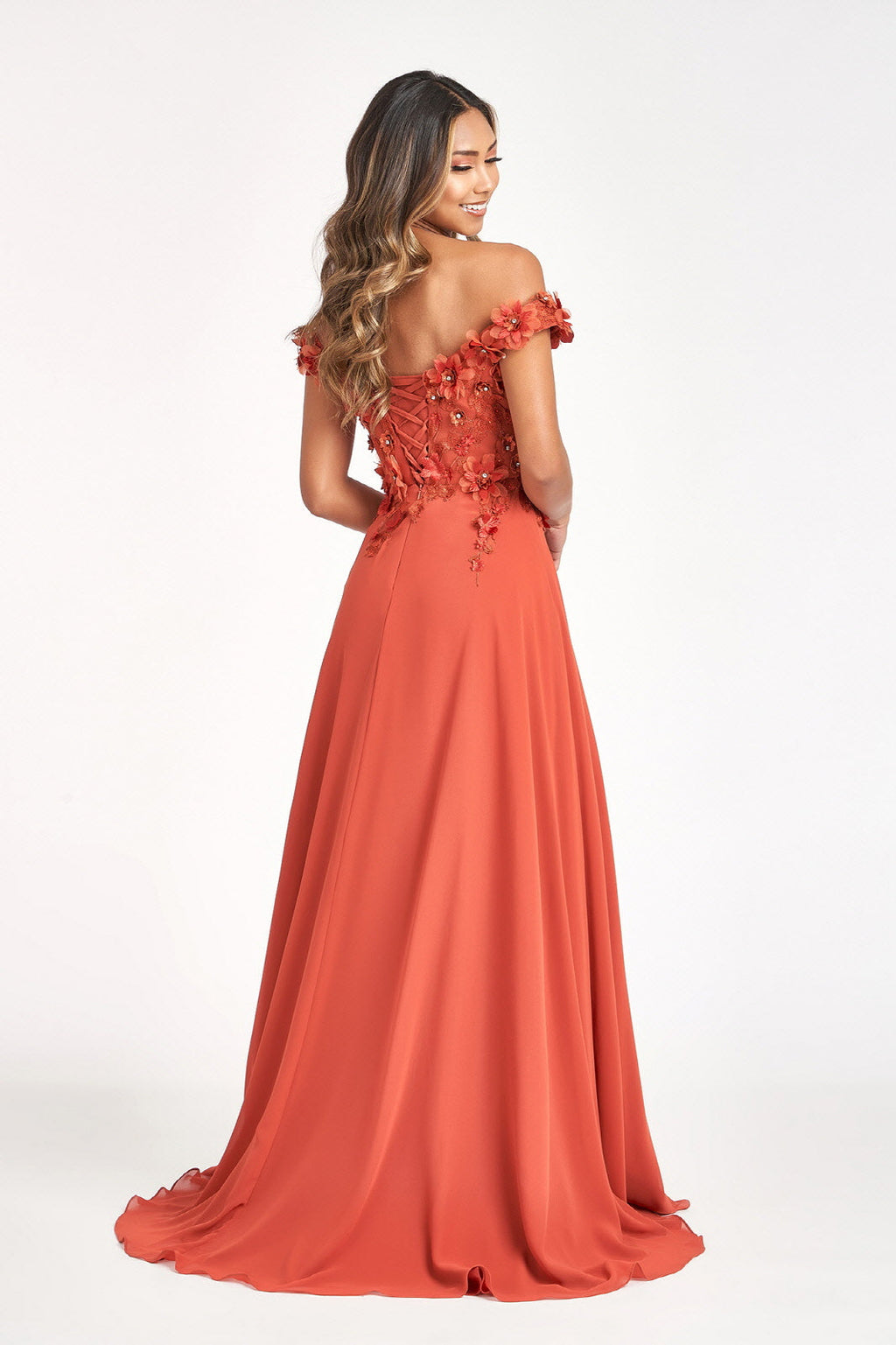 Floral 3D Applique and Embroidery Embellished Bodice A-Line Chiffon Long Prom Dress GLGL3018