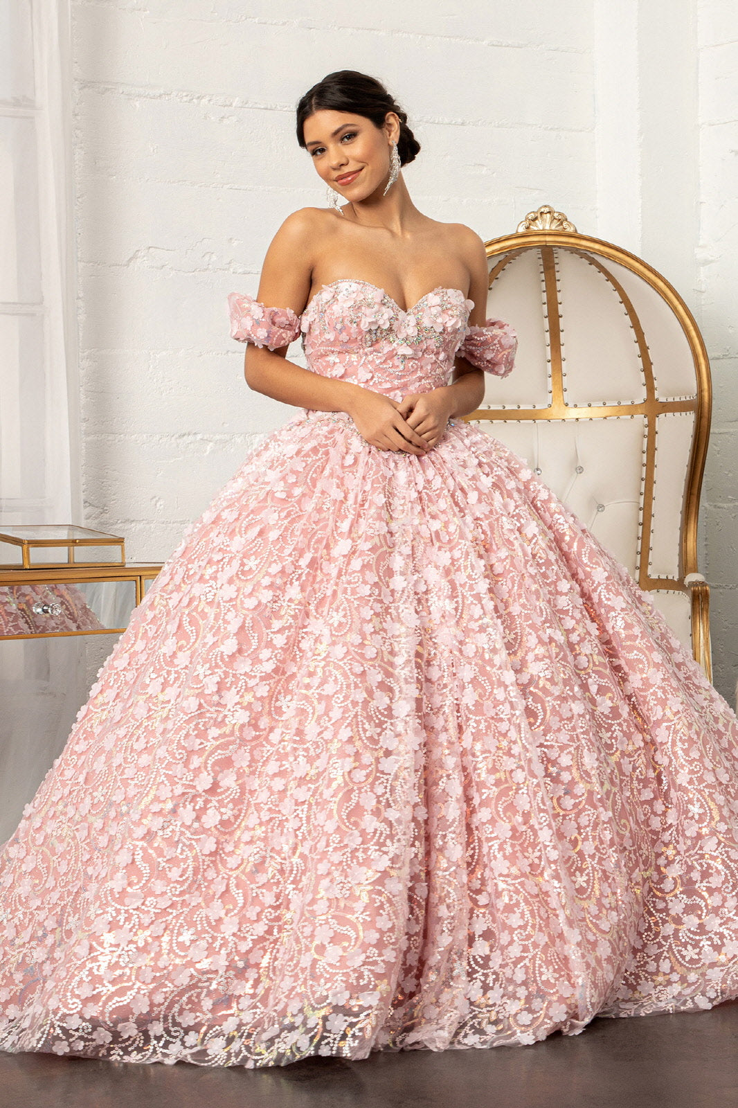 Jewel Embellished Mesh w/ 3D Applique and Corset Quinceanera Ball Dress GLGL3019