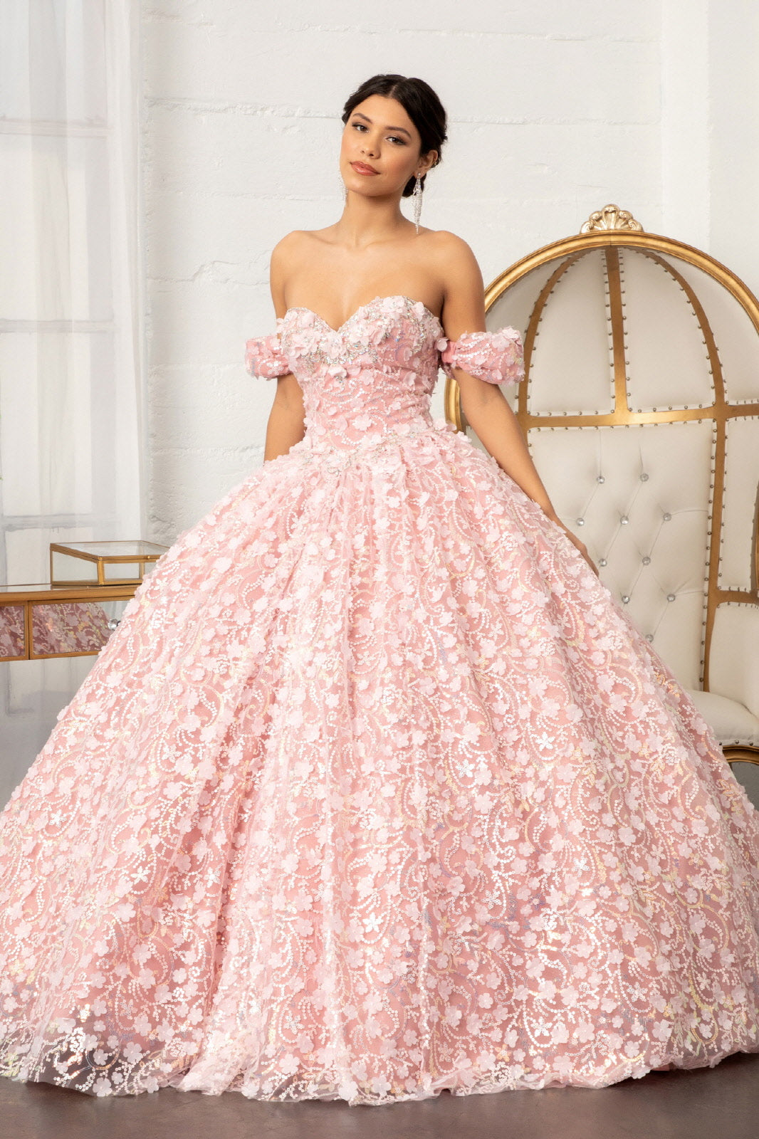 Jewel Embellished Mesh w/ 3D Applique and Corset Quinceanera Ball Dress GLGL3019