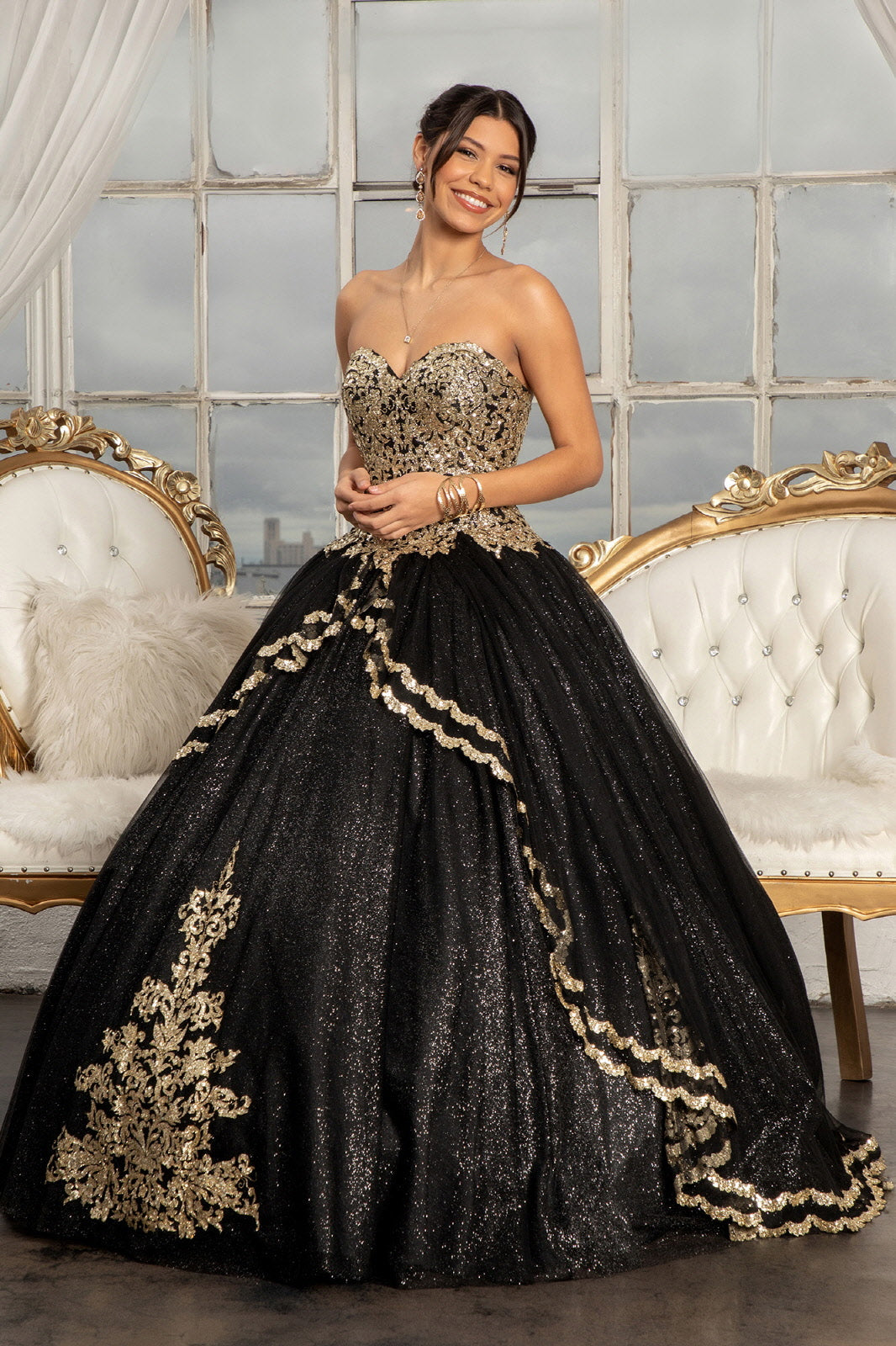 Glitter Embellished Mesh Quinceanera w/ Sweetheart Neckline Ball Dress (Petticoat Included) GLGL3022