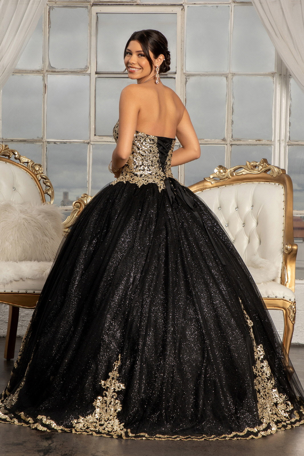 Glitter Embellished Mesh Quinceanera w/ Sweetheart Neckline Ball Dress (Petticoat Included) GLGL3022
