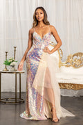 Full Iridescent Sequin Cut-Out Back w/ Detachable Mesh Layer Long Prom Dress GLGL3026