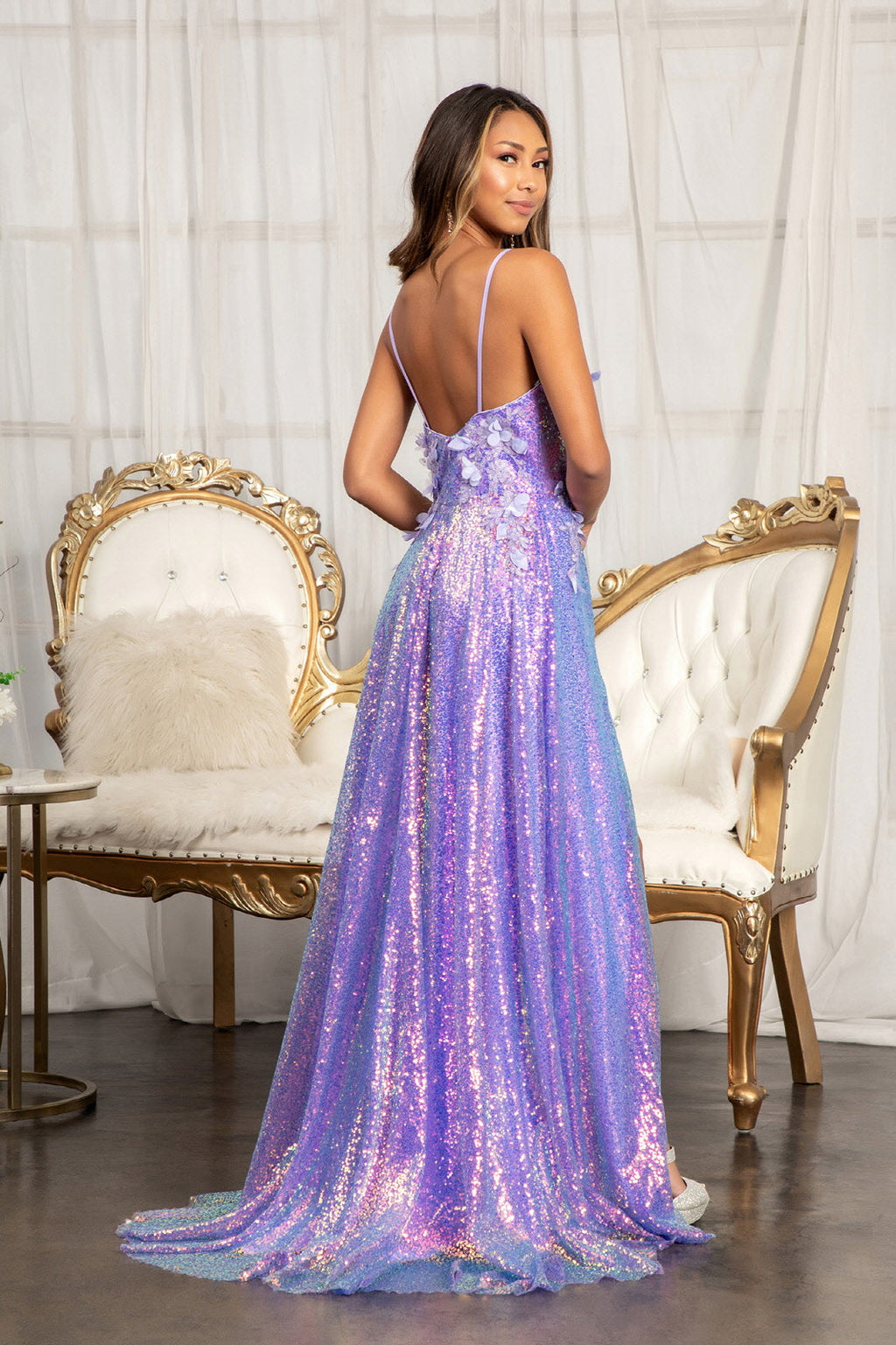 Full Iridescent Sequin V-Neck A-Line /w Leg Slit Long Prom Dress GLGL3027