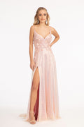 Full Iridescent Sequin V-Neck A-Line /w Leg Slit Long Prom Dress GLGL3027