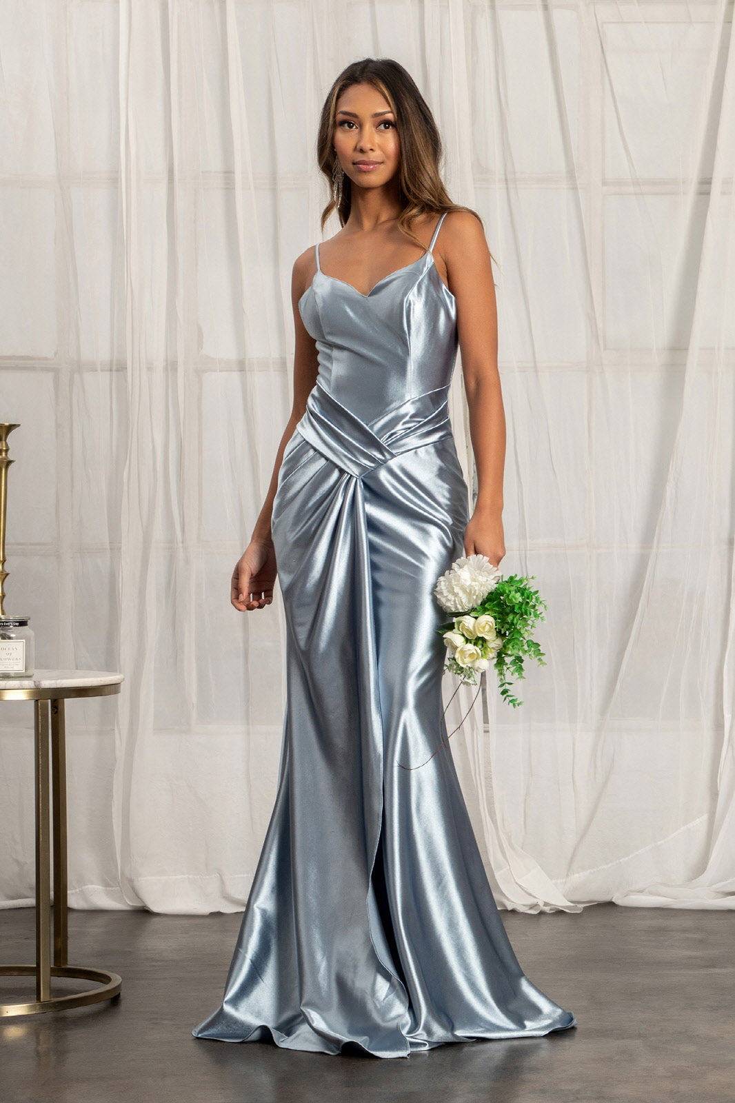 Sweetheart Satin Mermaid w/ Open Back and Side Gathered Waistline Long Prom Dress GLGL3044