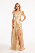 Feather-Shoulder Embellished A-line w/ Open V-back Long Prom Dress GLGL3046