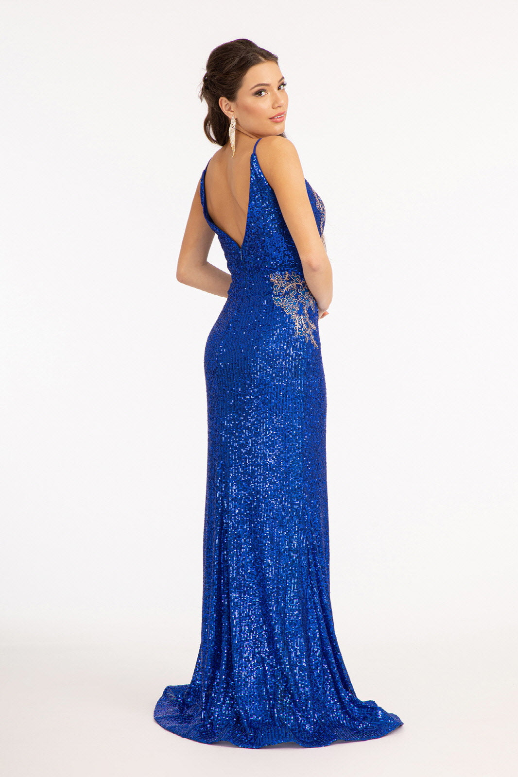 Sequin Embellished Illusion V-neck Mermaid w/ Open V-back Long Prom Dress GLGL3053