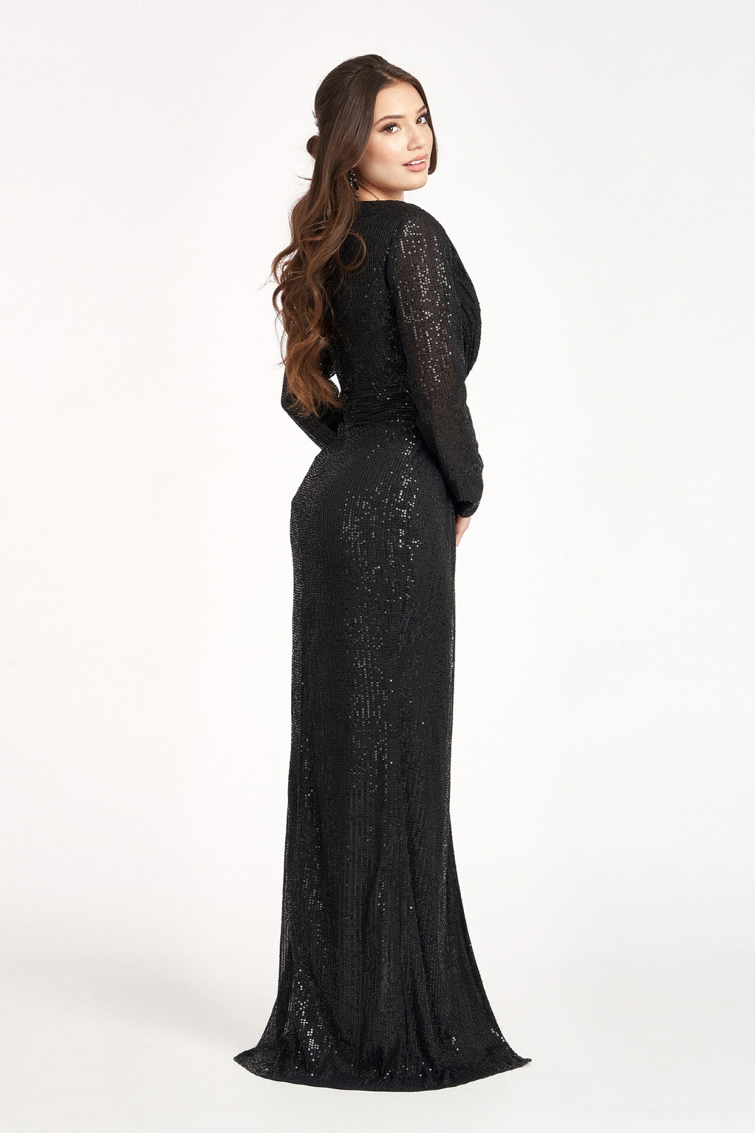 Gathered Waist Sequin Embellished Mermaid w/ Long Sleeves Long Prom Dress GLGL3063