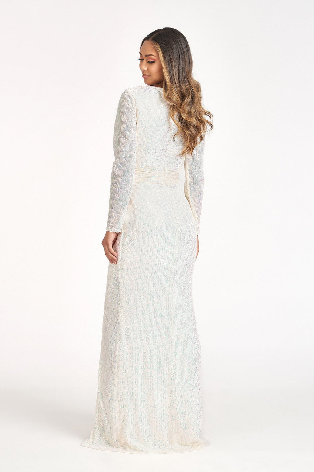 Gathered Waist Sequin Embellished Mermaid w/ Long Sleeves Long Prom Dress GLGL3063