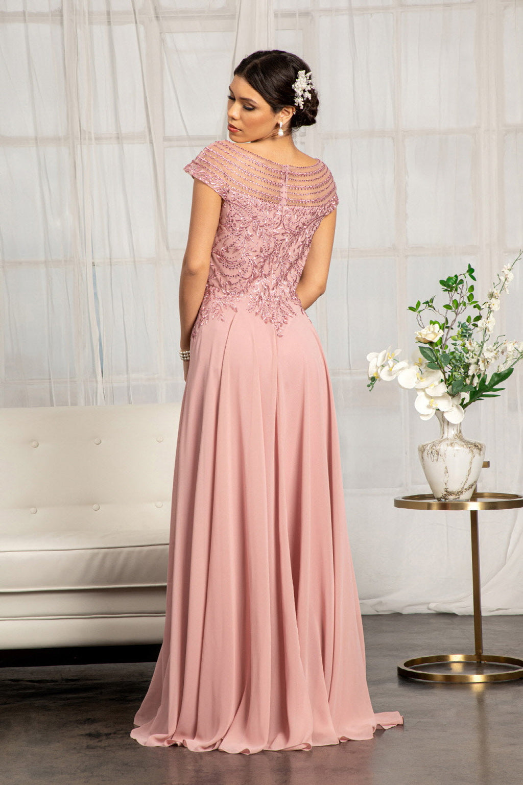 Beads Embellished Chiffon A-line w/ Cap Sleeves Long Mother Of The Bride Dress GLGL3065