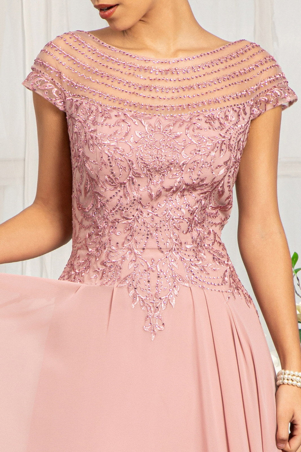Beads Embellished Chiffon A-line w/ Cap Sleeves Long Mother Of The Bride Dress GLGL3065