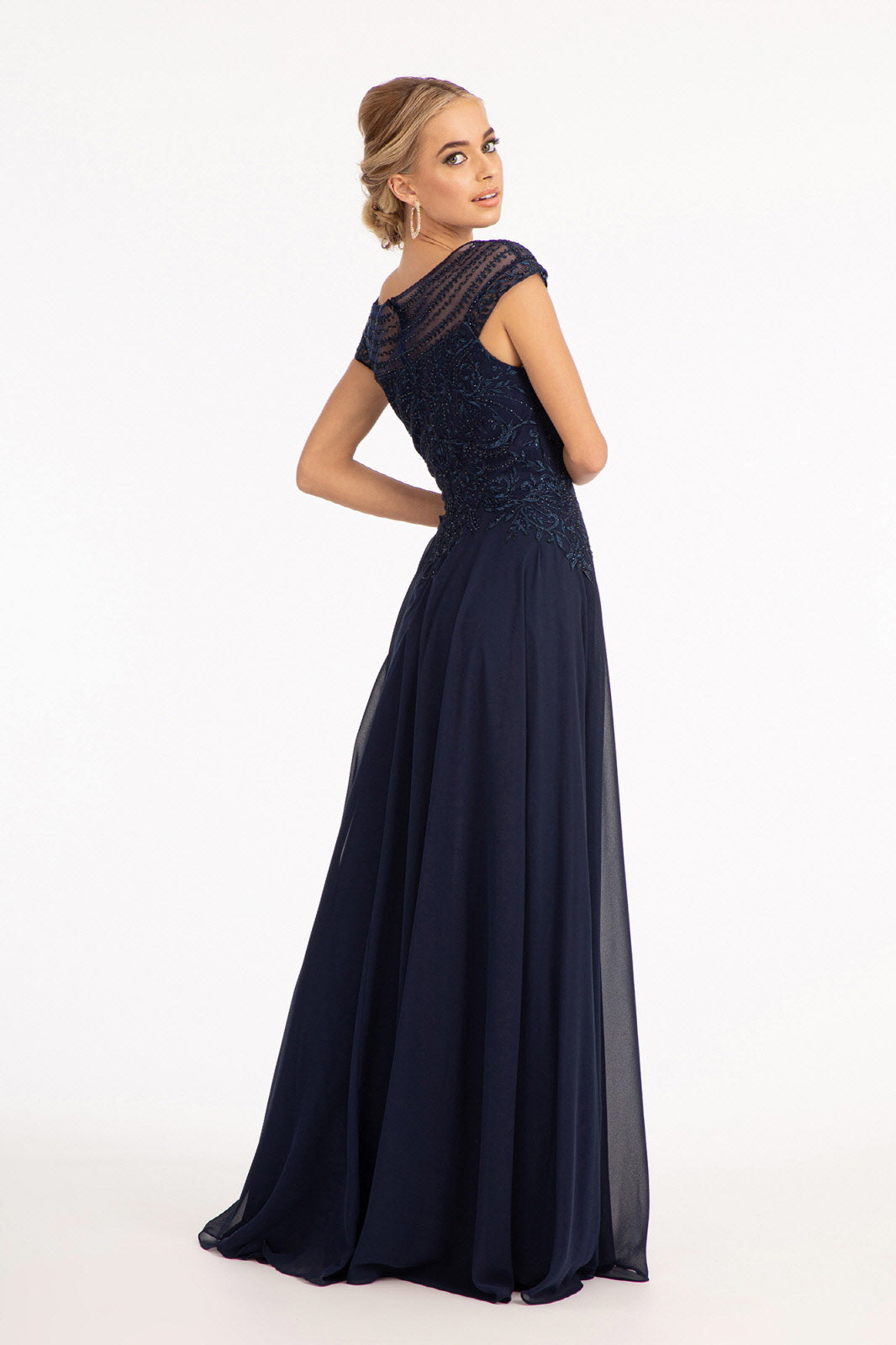 Beads Embellished Chiffon A-line w/ Cap Sleeves Long Mother Of The Bride Dress GLGL3065