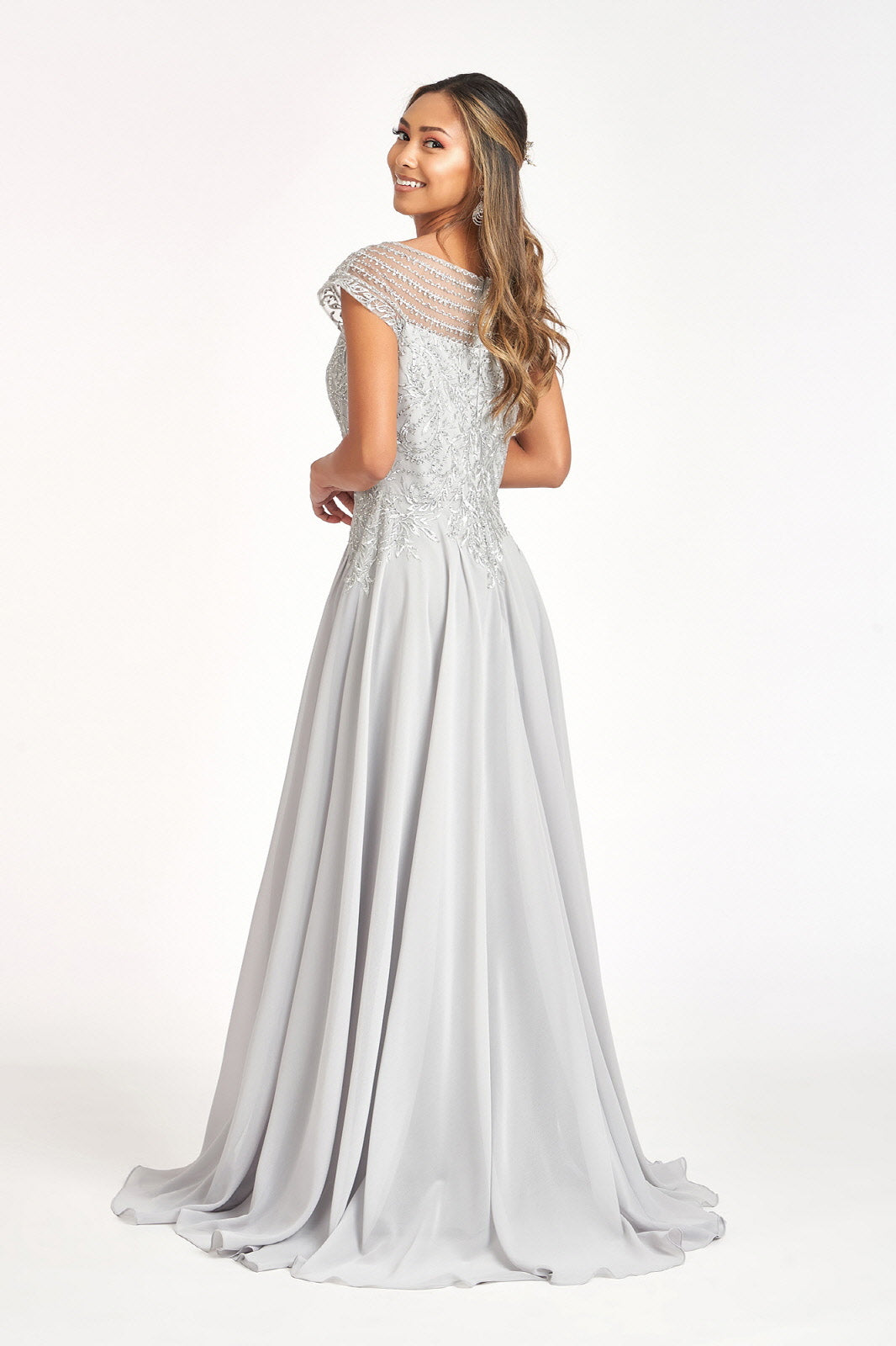 Beads Embellished Chiffon A-line w/ Cap Sleeves Long Mother Of The Bride Dress GLGL3065