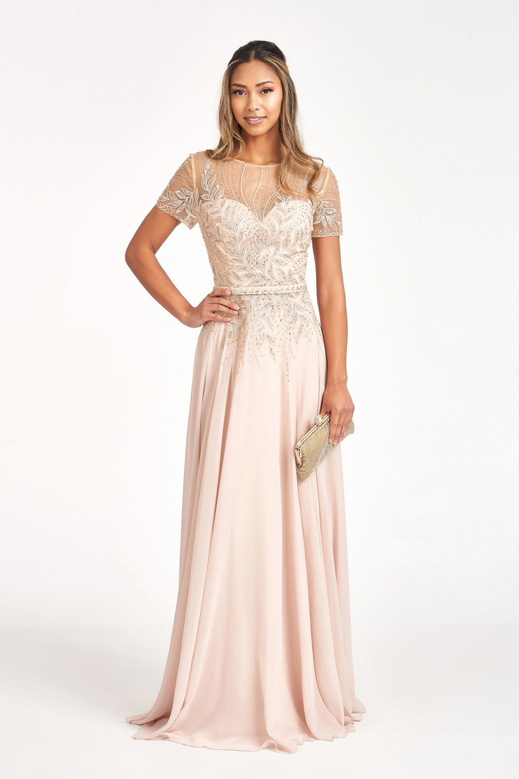 Embroidered Chiffon A-line Short Sleeves and Waistband Long Mother Of The Bride Dress GLGL3067 Sale