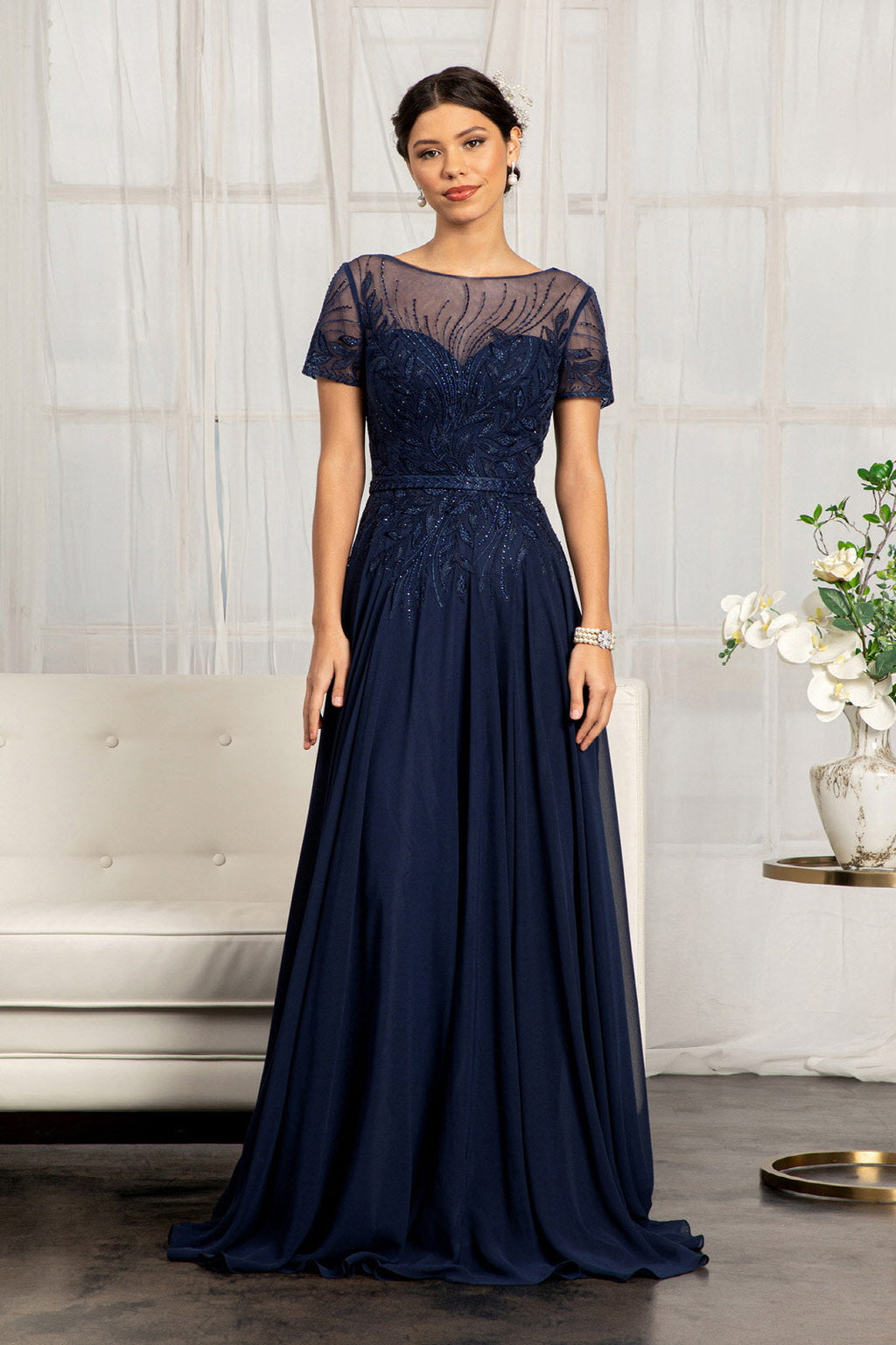Embroidered Chiffon A-line Short Sleeves and Waistband Long Mother Of The Bride Dress GLGL3067 Sale