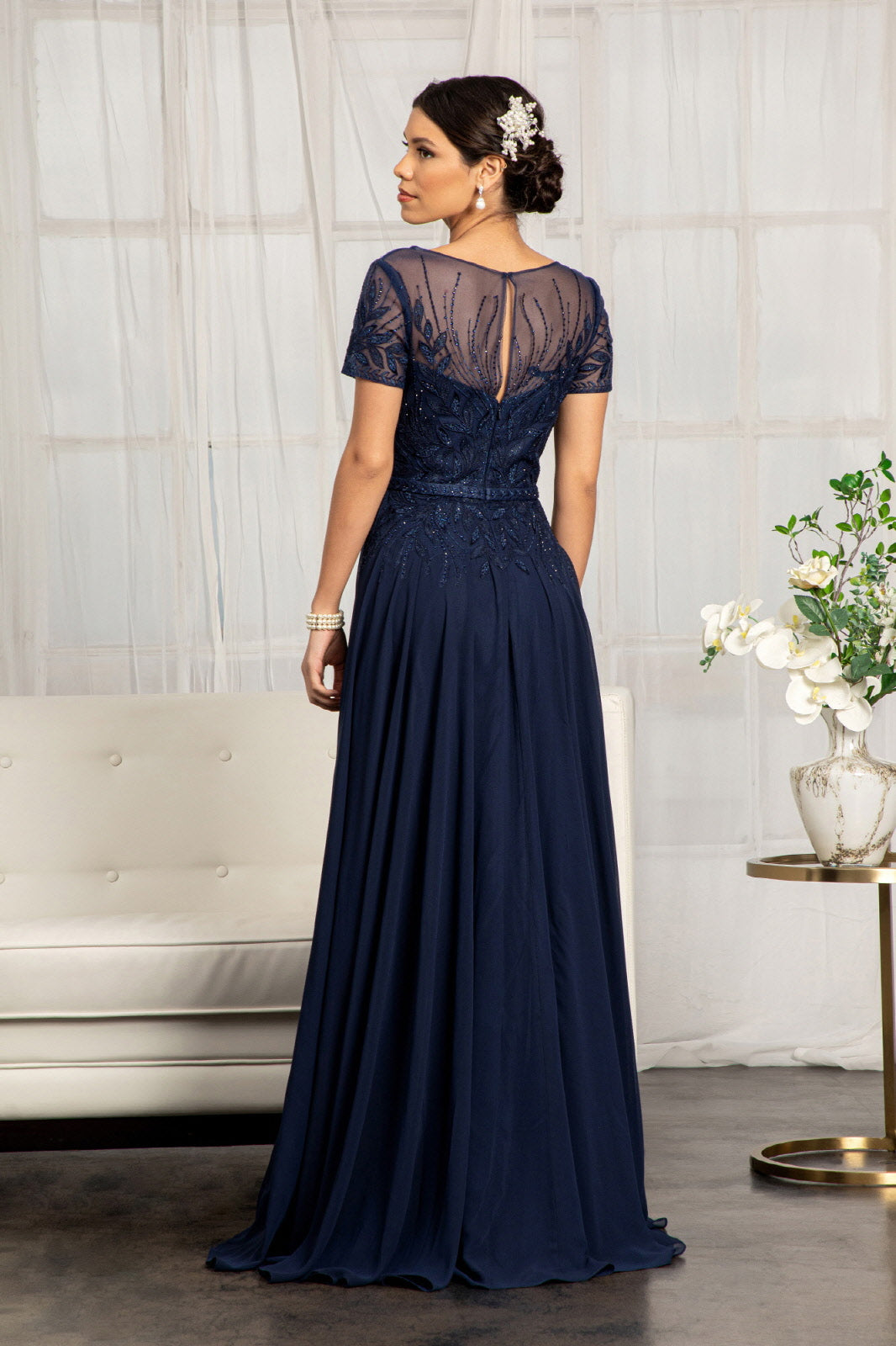 Embroidered Chiffon A-line Short Sleeves and Waistband Long Mother Of The Bride Dress GLGL3067 Sale