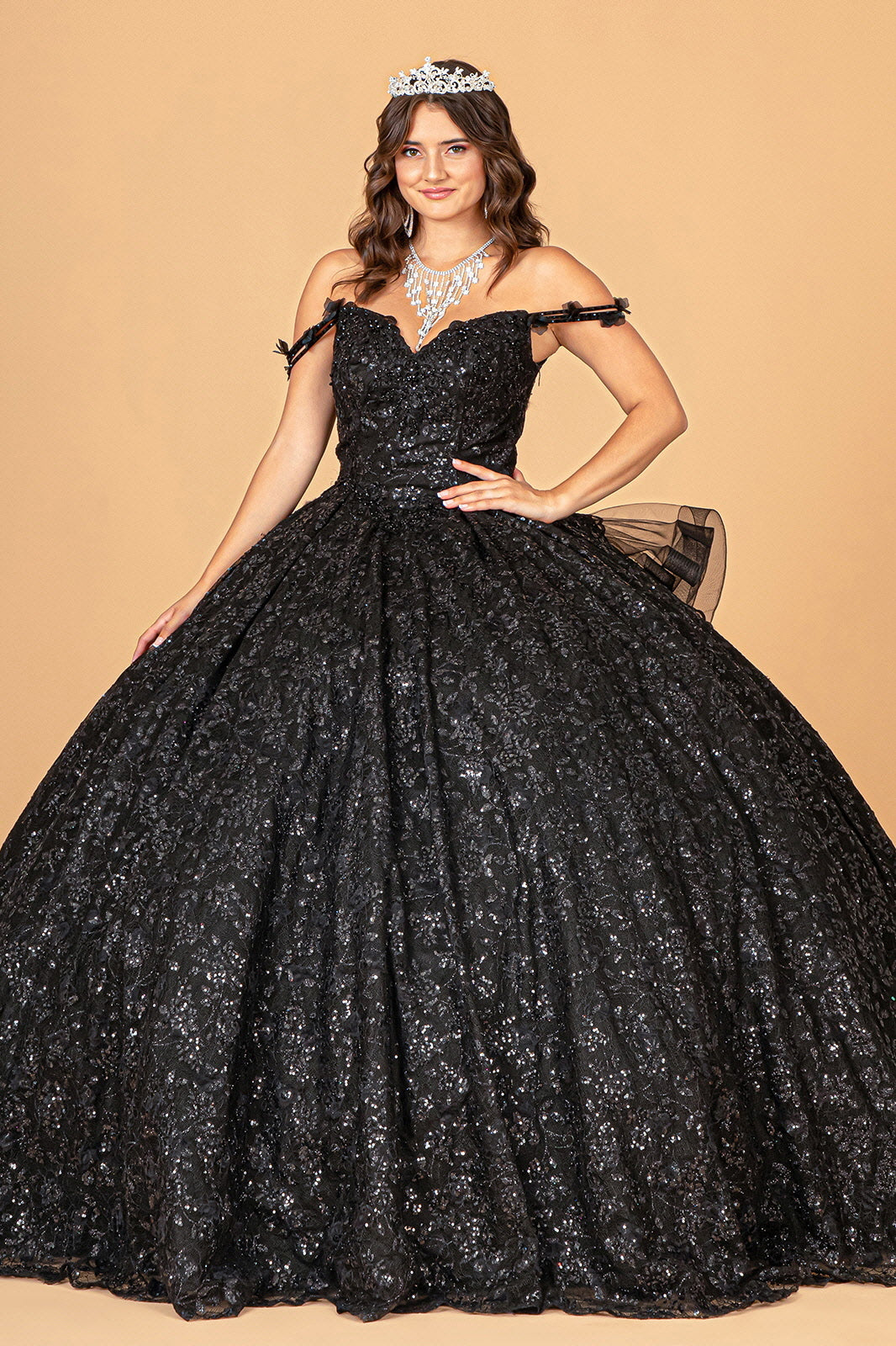 Mesh Detachable Long Sleeves w/ Detachable Ribbon and Ruffled Train Quinceanera Dress GLGL3072