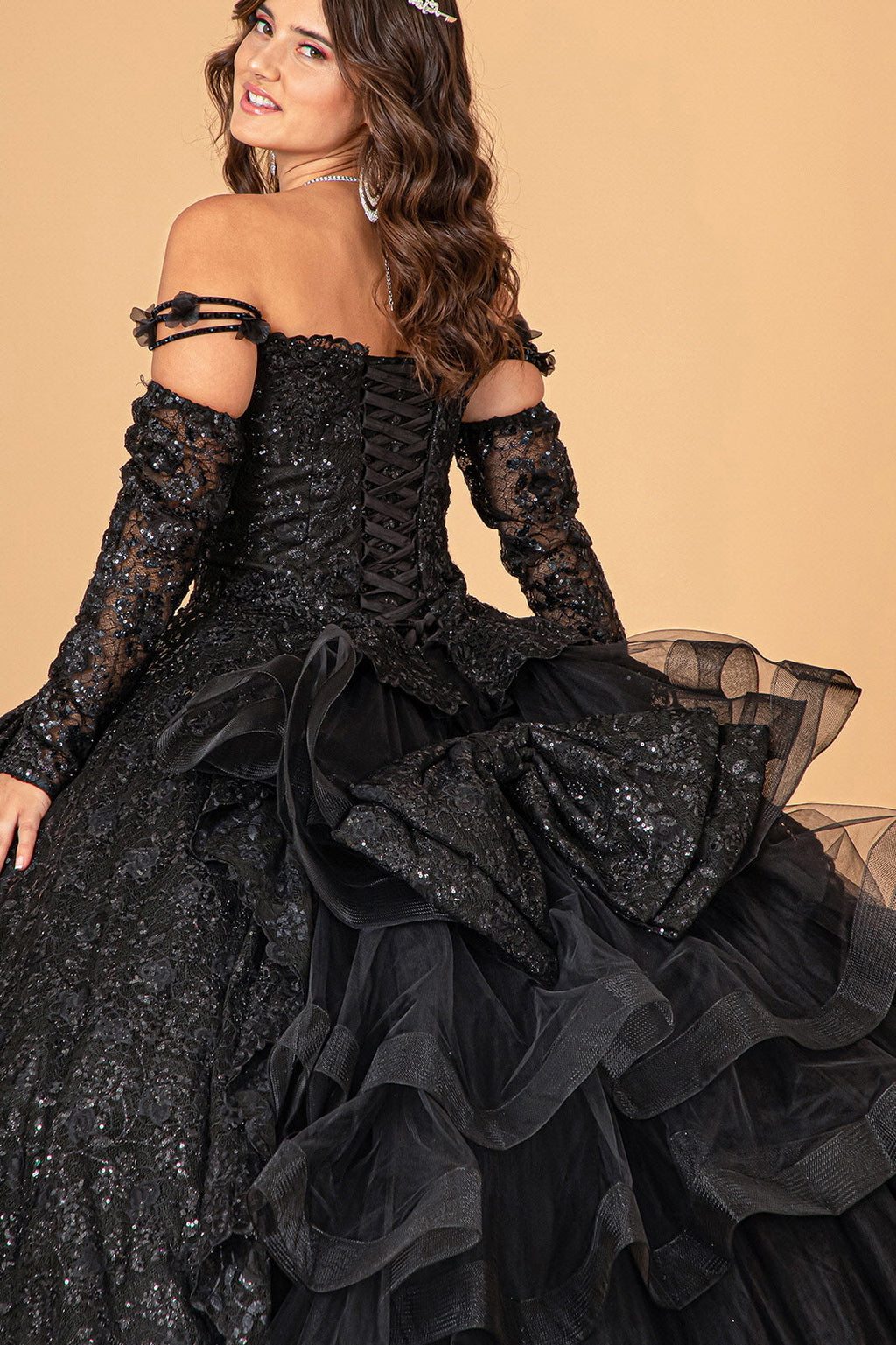 Mesh Detachable Long Sleeves w/ Detachable Ribbon and Ruffled Train Quinceanera Dress GLGL3072