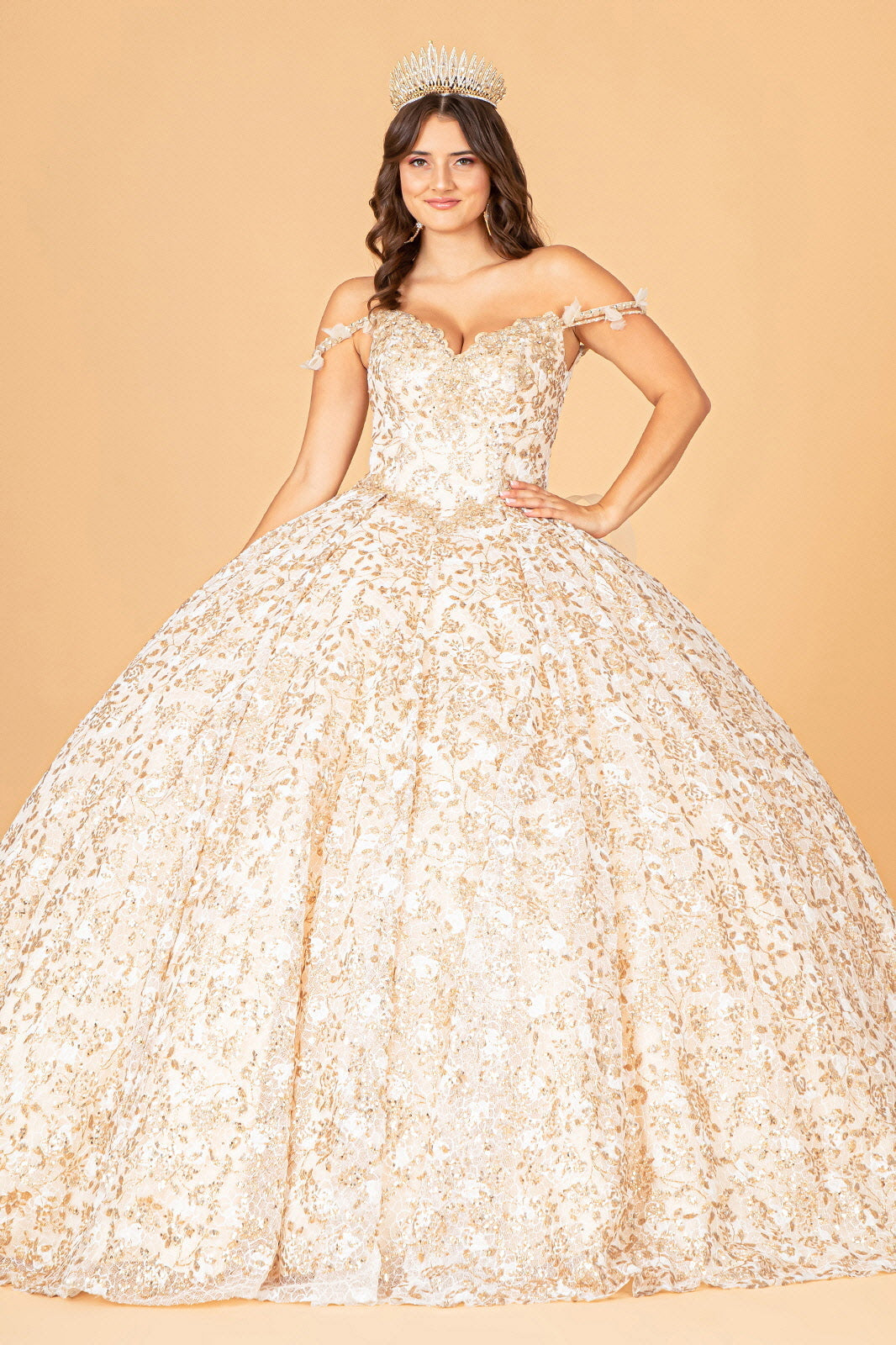Mesh Detachable Long Sleeves w/ Detachable Ribbon and Ruffled Train Quinceanera Dress GLGL3072