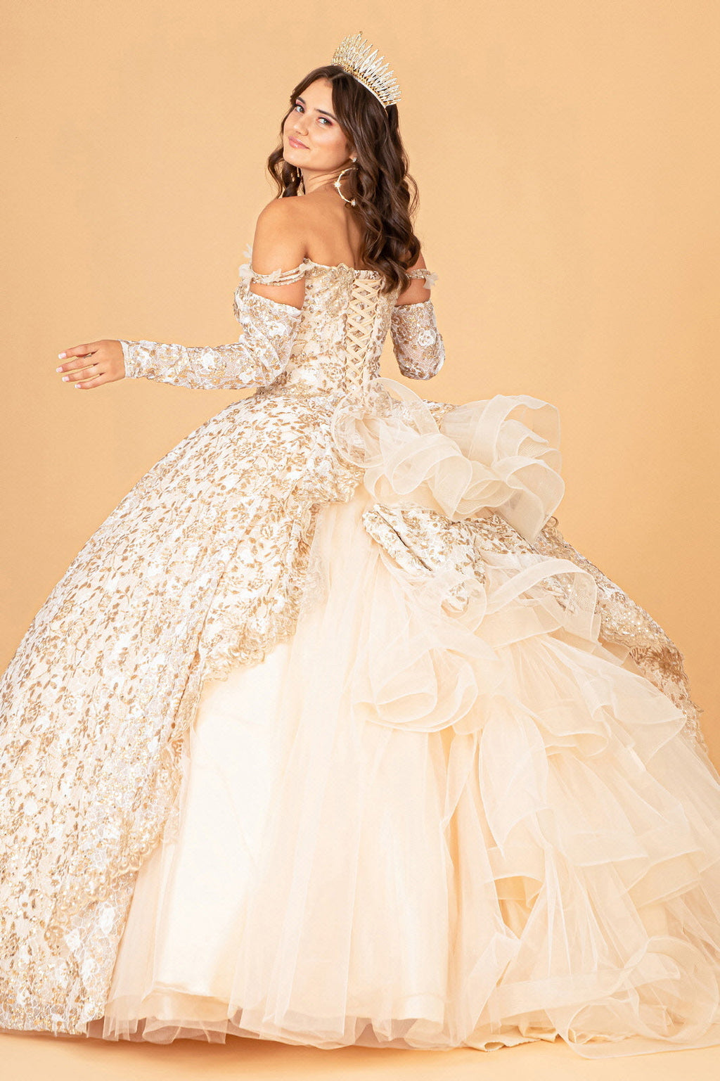 Mesh Detachable Long Sleeves w/ Detachable Ribbon and Ruffled Train Quinceanera Dress GLGL3072
